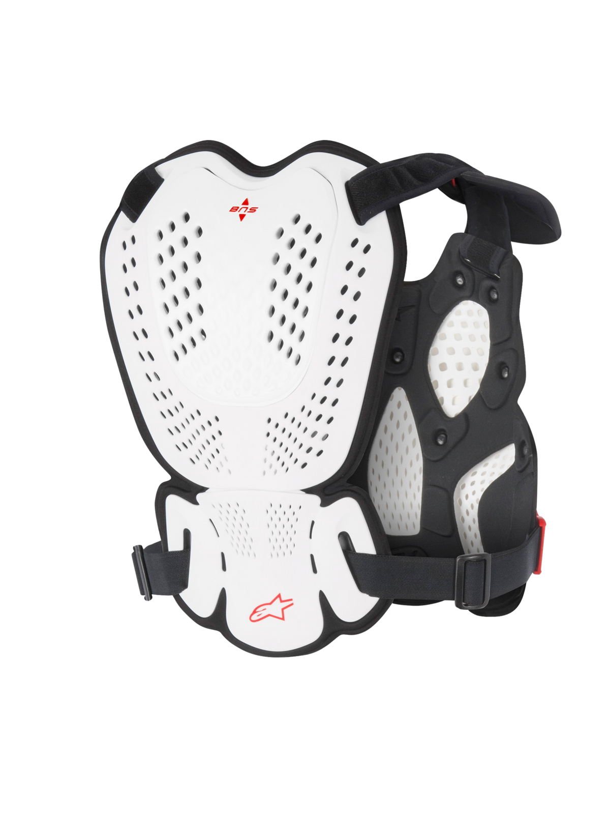 Alpinestars A-1 Roost Guard, motocross bryst- og rygbeskytter, hvid og sort med rødt Alpinestars-logo, perforerede plader med hård skal, bio-skum polstring, set bagfra viser beskyttende dækning til motocross og terrænkørsel