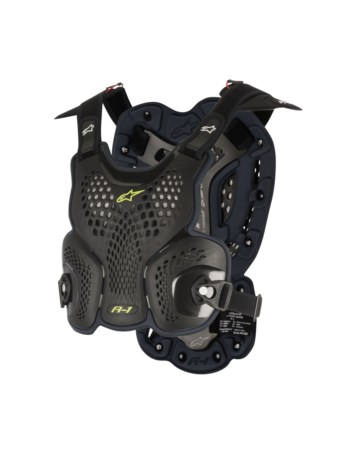 Alpinestars A-1 Roost Guard, motocross brystbeskyttelse, sort antracit med neongule detaljer, perforerede honeycomb-skaller, bio-skum polstring, justerbare stropper, letvægts off-road kropsbeskyttelse