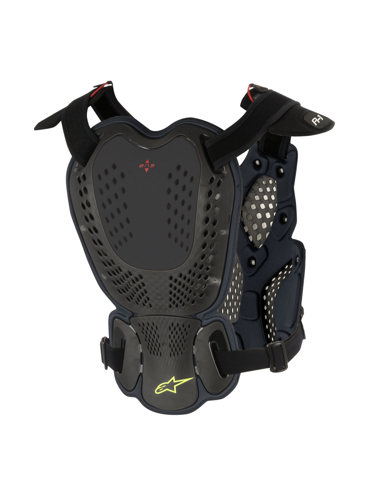 Alpinestars A-1 Roost Guard, motocross bryst- og rygbeskytter, Black Anthracite, set bagfra med perforerede hårde skalplader, rødt BNS-logo og limegrønt Alpinestars-stjernelogo med justerbare stropper til off-road beskyttelse