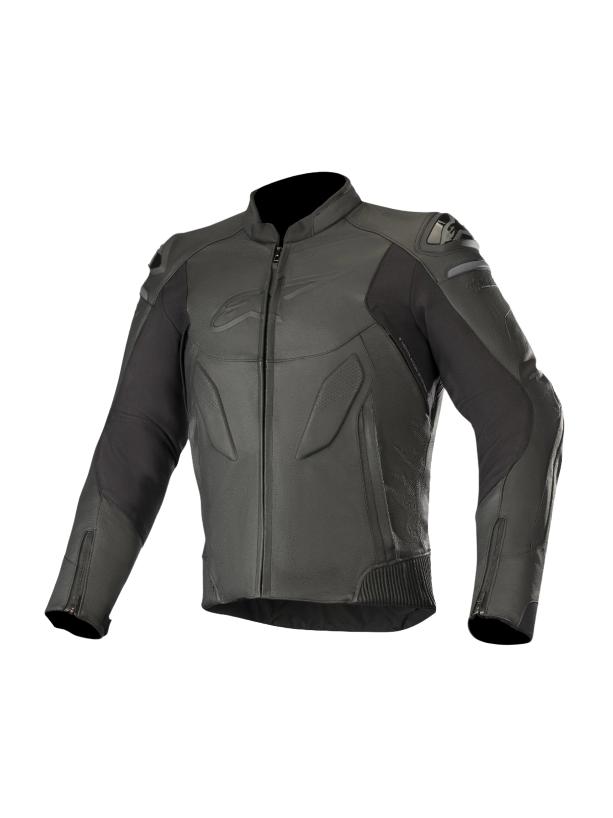 Alpinestars Caliber læderjakke, sort, motorcykeludstyr til vej, førsteklasses læderkonstruktion med perforerede paneler, udvendige DFS-skulderslidere, lynlås foran og ved manchetterne, diskret præget logo på brystet