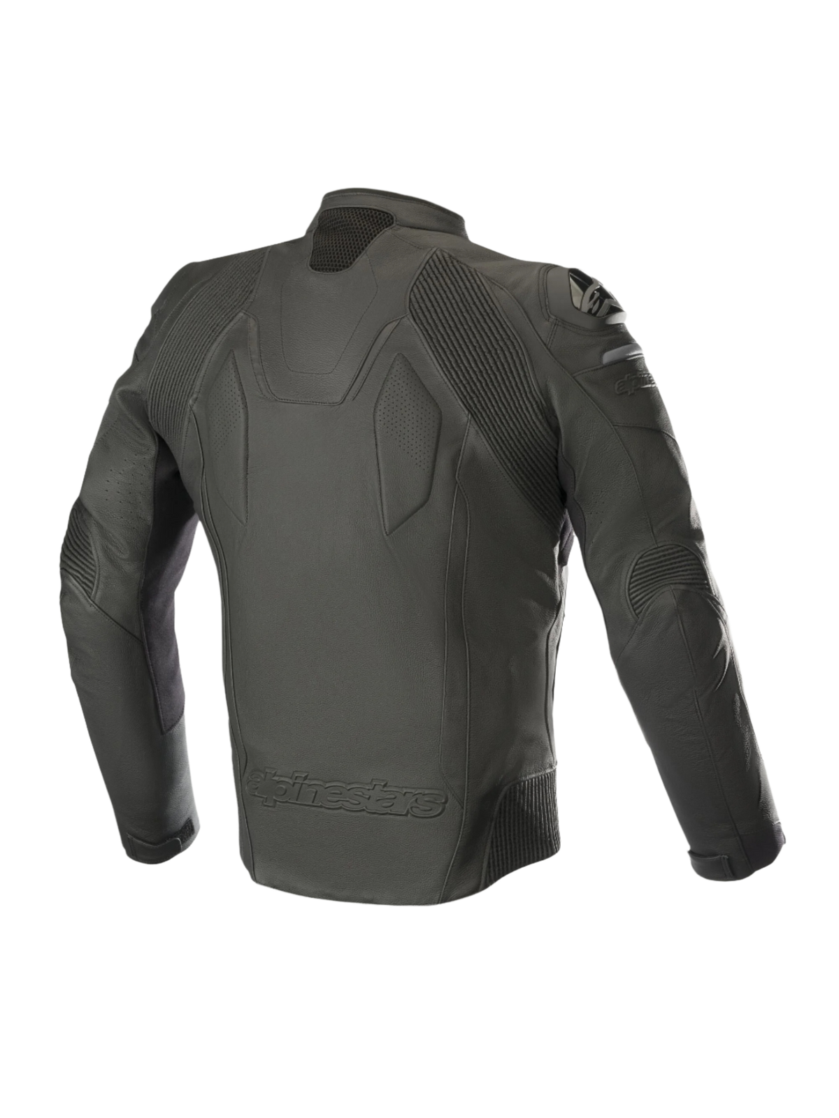 Alpinestars Caliber læderjakke, sort, set bagfra, førsteklasses læderkonstruktion, akkordeon-strækpaneler på skuldre og albuer, eksterne DFS-skulderslidere, præget Alpinestars-logo nederst på ryggen