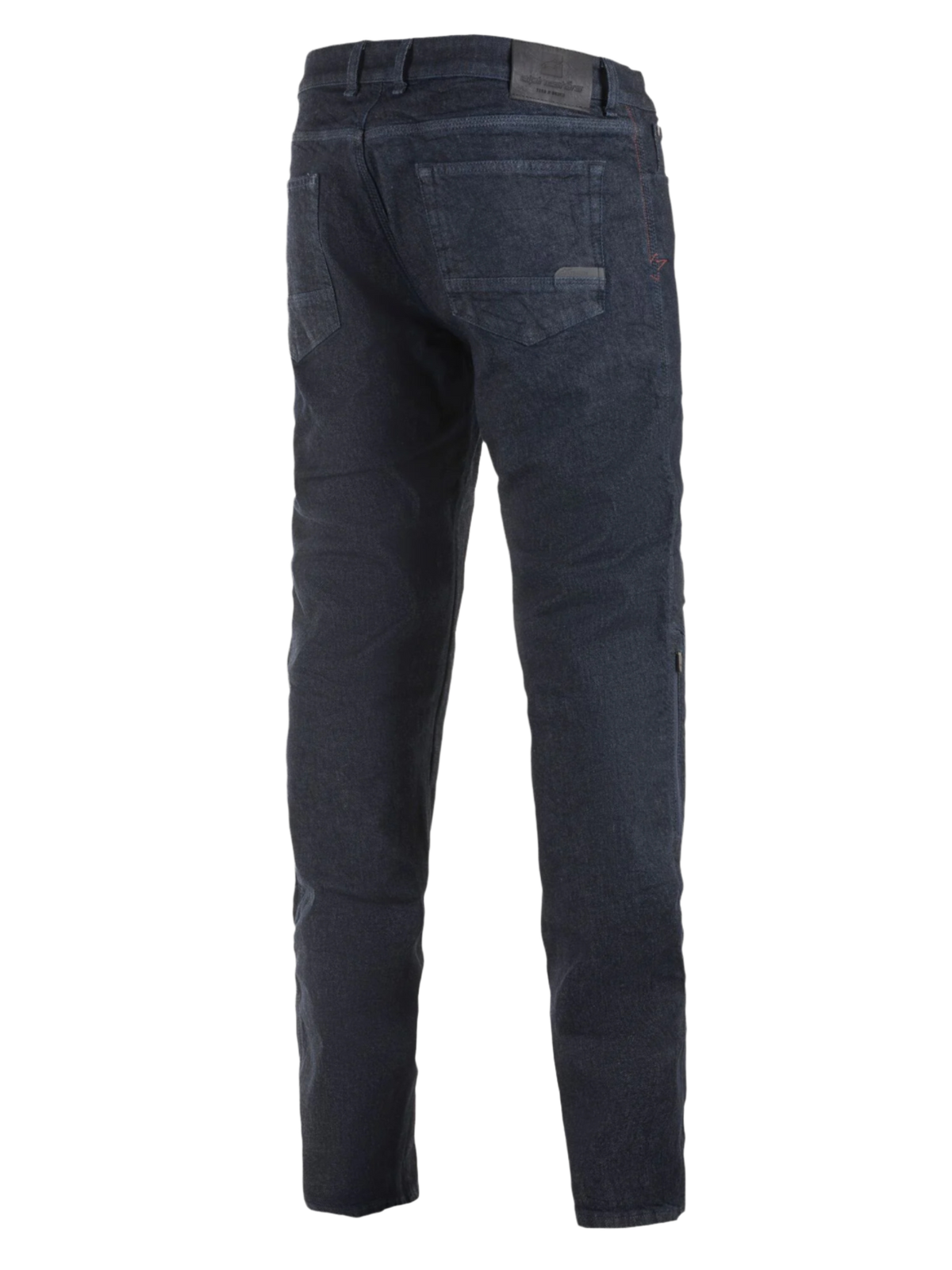 Alpinestars Copper Out V2 Riding Denim, Motorcycle Riding Jeans, Rinse Plus Blue, back view showing regular straight fit, leather patch on waistband, dark wash denim for urban road riding