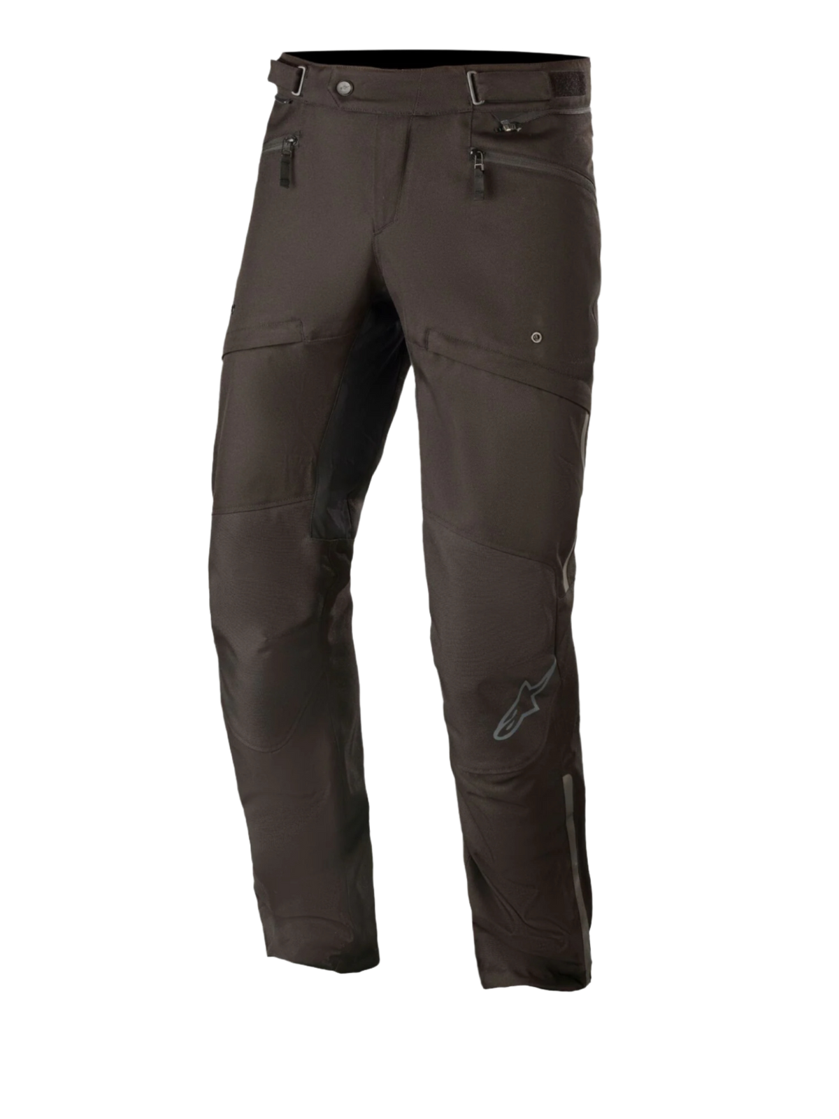 Alpinestars AST-1 V2 Waterproof Pants Long, sorte motorcykel touringbukser, lynlåslommer ved hoften, justerbare taljestropper, forbuede ben med forstærkede knæpaneler, subtilt gråt logo på skinnebenet, slidstærk tekstilkonstruktion til alvejrsbrug på vejen