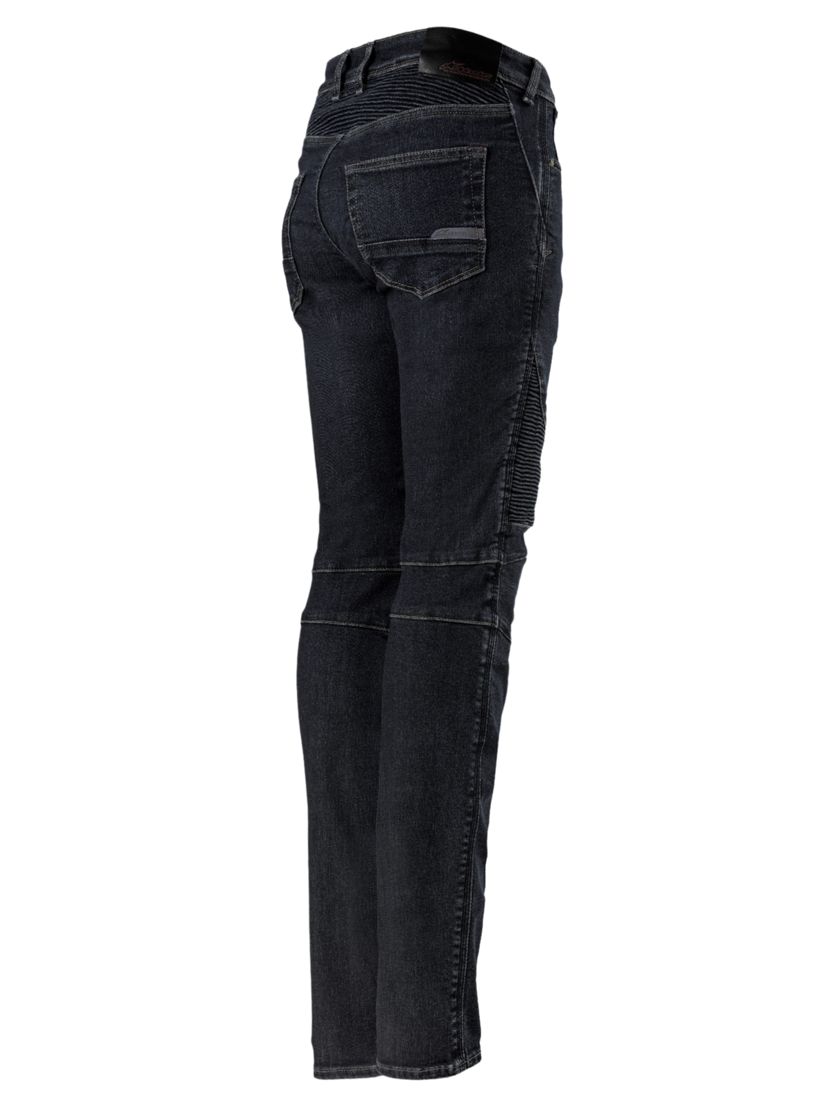 Alpinestars Stella Callie Denim, motorcykelbukser til damer, Black Waxed, bag- og sideprofil med harmonika-strækpaneler i taljen og på knæene, slim fit med baglommer og logomærke