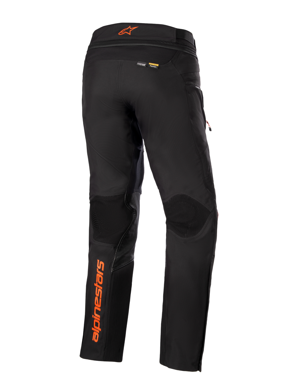 Alpinestars AMT-10R Drystar® XF bukser, sorte med orange detaljer, set bagfra med lodret orange Alpinestars-logo på venstre ben, teksturerede knæpaneler og Kevlar- og Matryx-branding, tekniske adventure touring motorcykelbukser