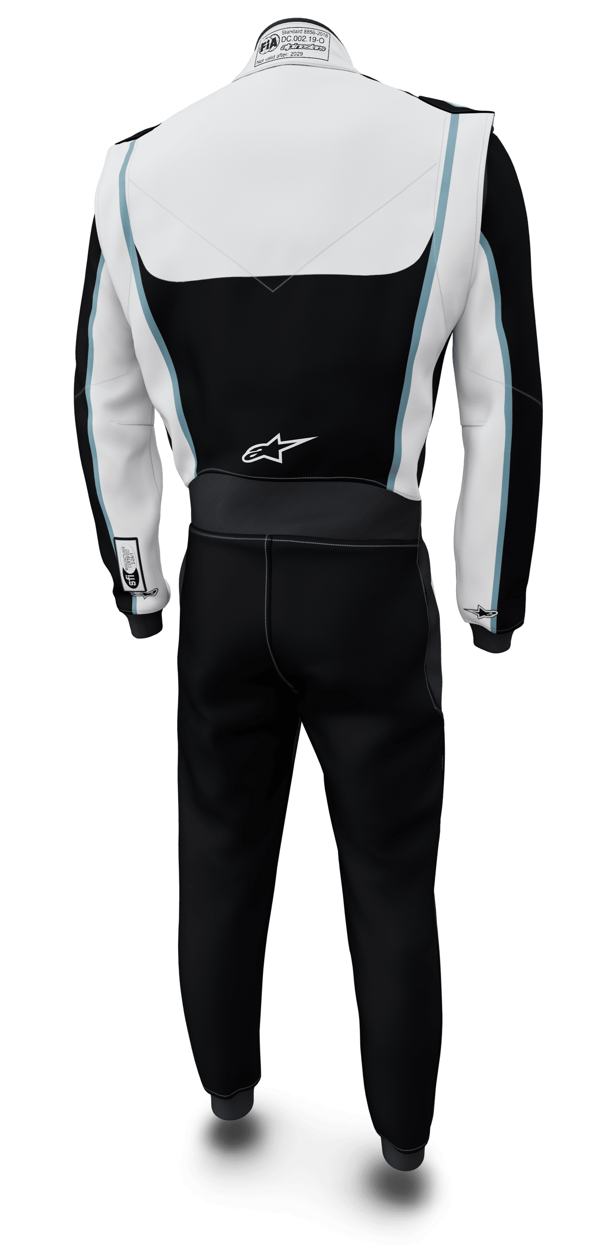 Alpinestars Tech Vision V3 specialdesignet køredragt, sort og hvid auto-racerdragt i Nomex, FIA/SFI-godkendt, set bagfra.
