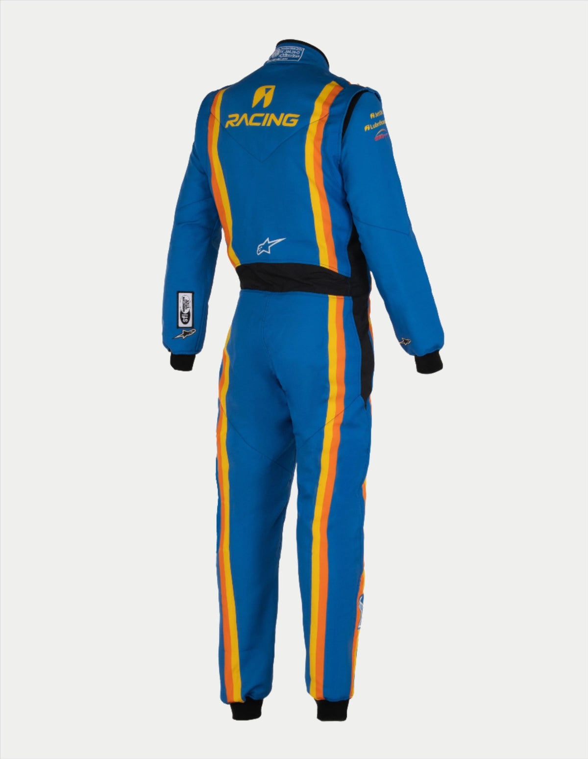 Alpinestars Tech Vision V3 specialdesignet køredragt til bilsport, blå og orange, FIA-certificeret Nomex, set bagfra.