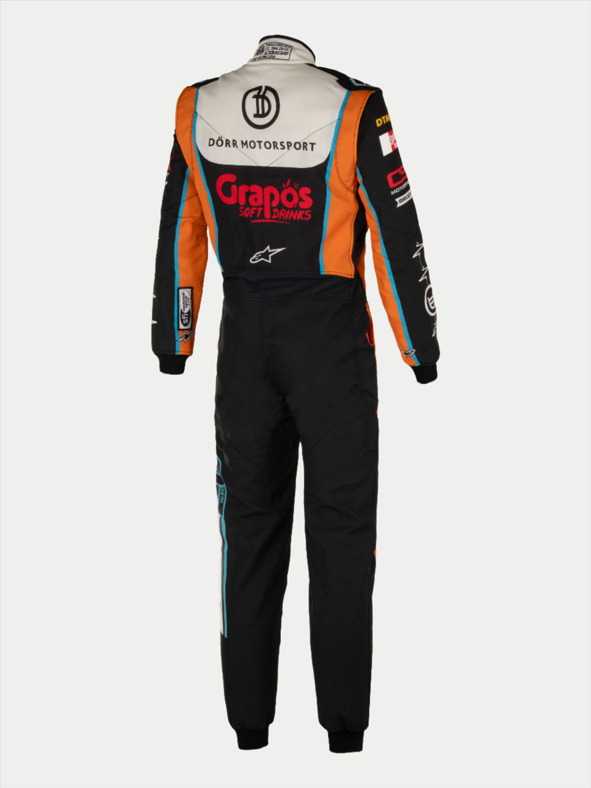 Alpinestars Tech Vision V3 specialdesignet køredragt, sort og orange Nomex, FIA-godkendt racingudstyr, set bagfra.