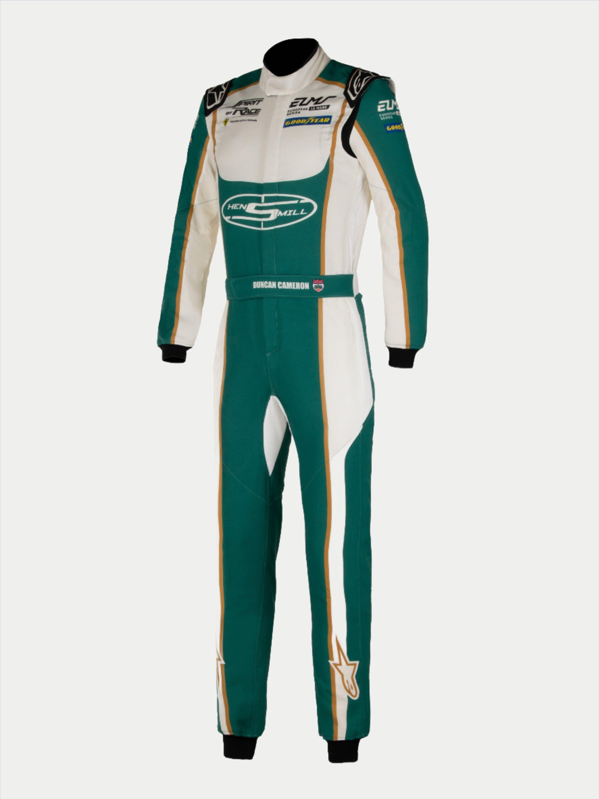 Alpinestars Tech Vision V3 specialdesignet køredragt med tilpassede mål, grøn og hvid autoracerdragt, FIA-godkendt Nomex