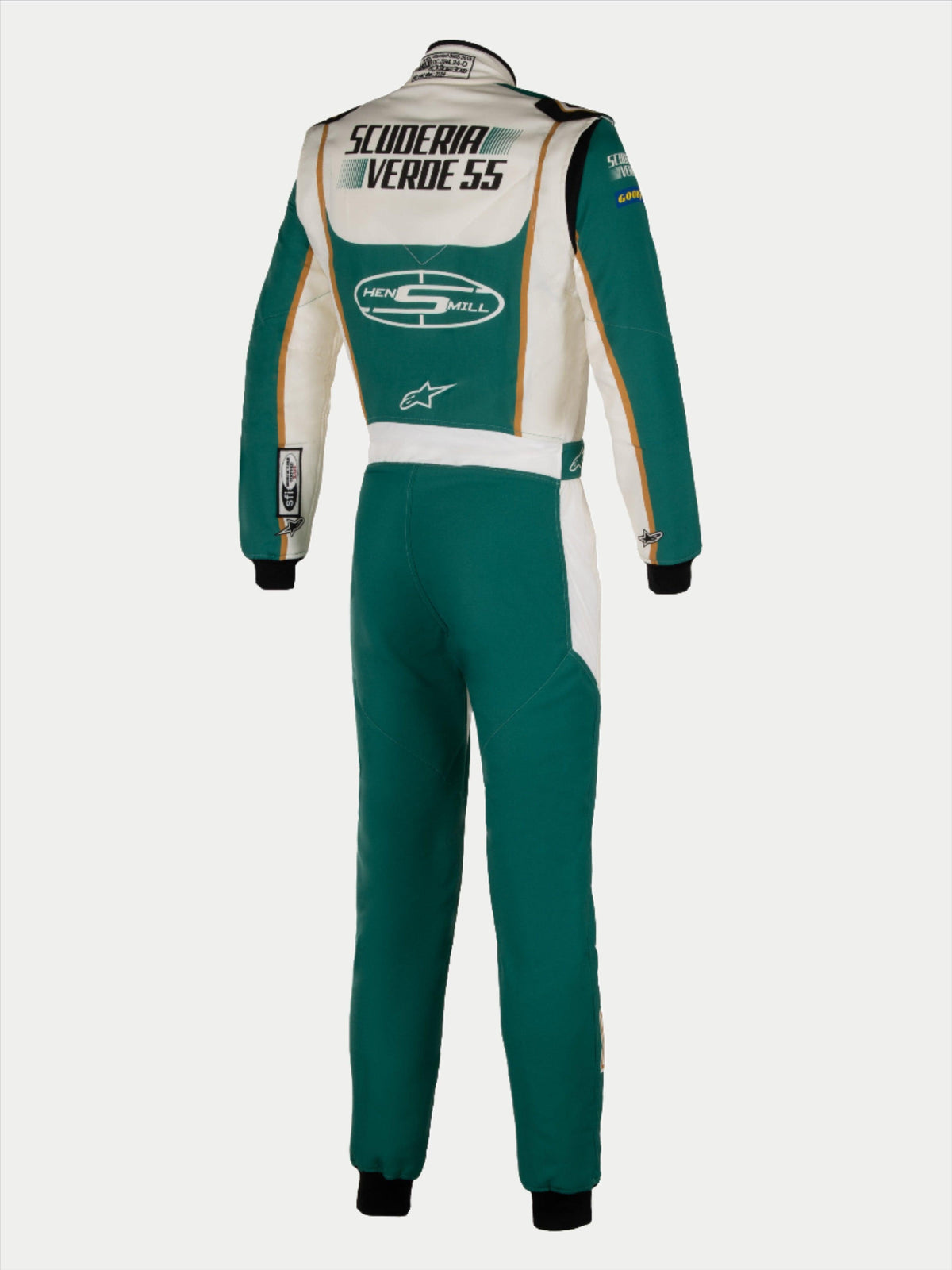 Alpinestars Tech Vision V3 specialdesignet køredragt med tilpassede mål, grøn og hvid, FIA-certificeret, set bagfra.