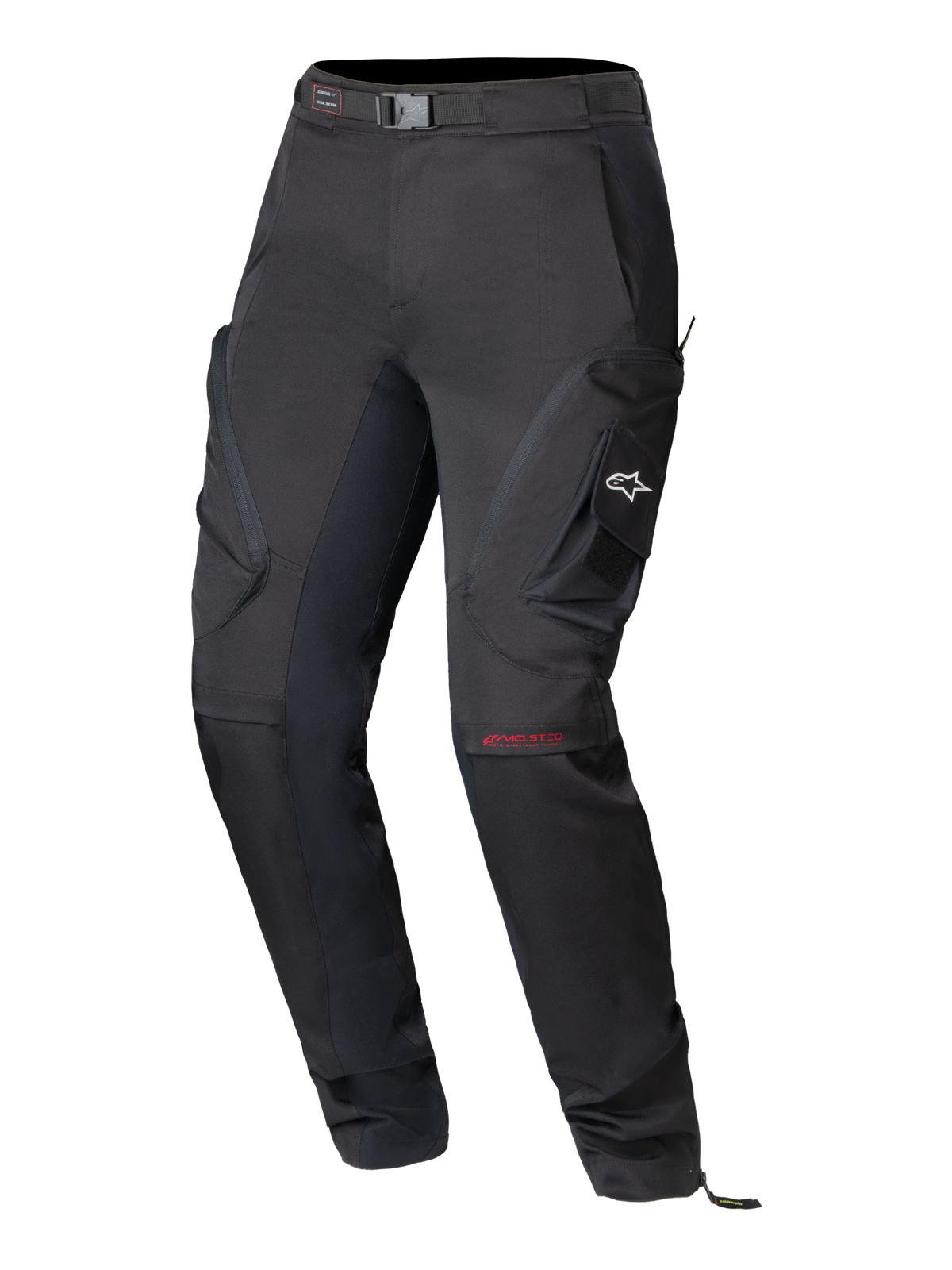 Alpinestars Actea Women's Pants, Black Motorcycle Pants, technical road design featuring side cargo pockets with a white A-star logo, red MO.ST.EQ branding on the knee, integrated waist belt, and a modern tapered fit.