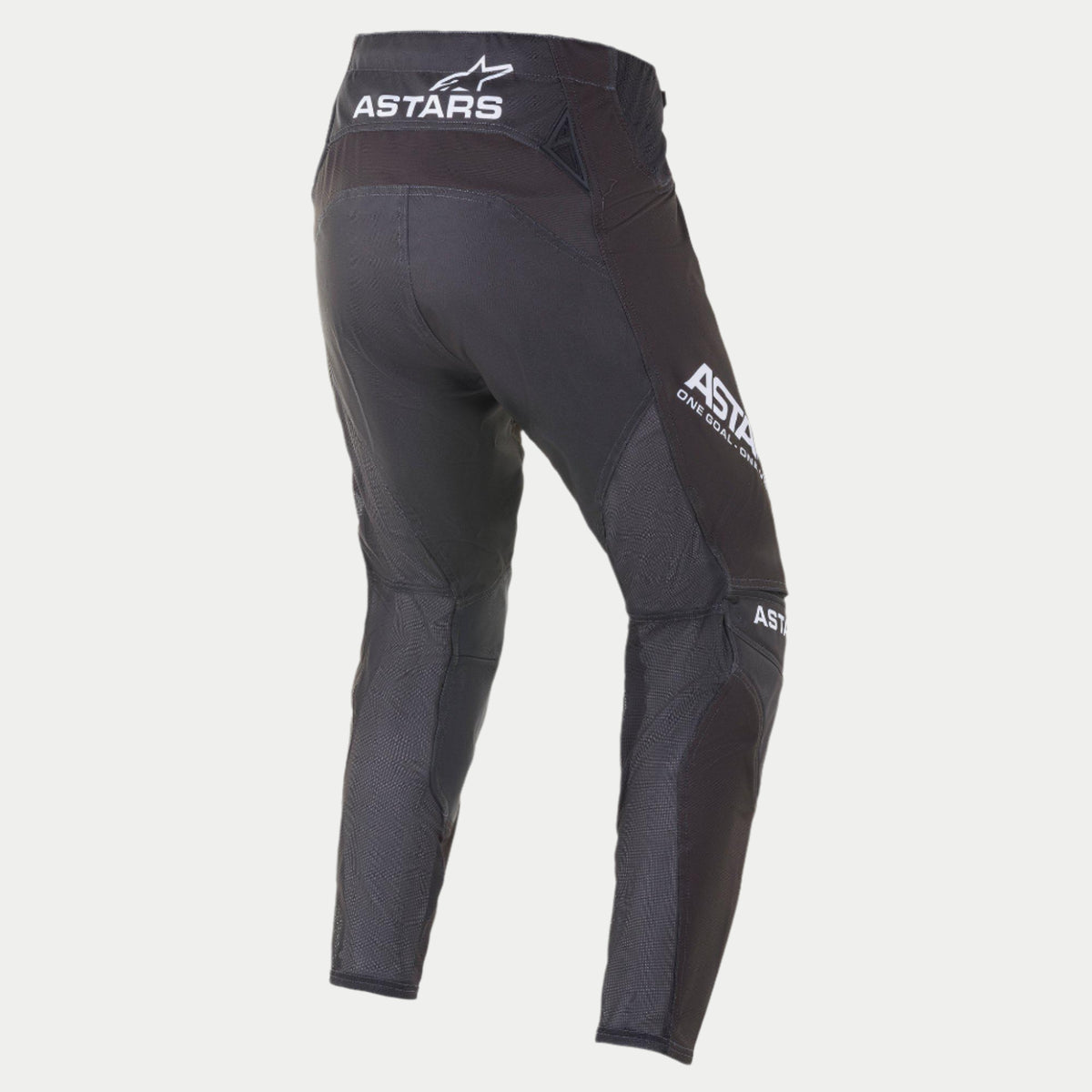 Alpinestars 2021 Techstar Phantom bukser, motocrossbukser, sort og hvid, set bagfra med hvidt ASTARS-branding på linningen og siden af låret, koksgrå teksturerede mesh-paneler på benene, præstationsorienteret race-fit design.
