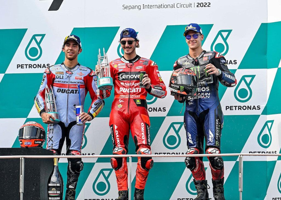 ALPINESTARS SCORE BACK-TO-BACK MOTOGP PODIUM SWEEPS AS PECCO BAGNAIA WINS WITH ENEA BASTIANINI SECOND AND FABIO QUARTARARO THIRD IN TIGHT SEPANG BATTLE, MALAYSIA