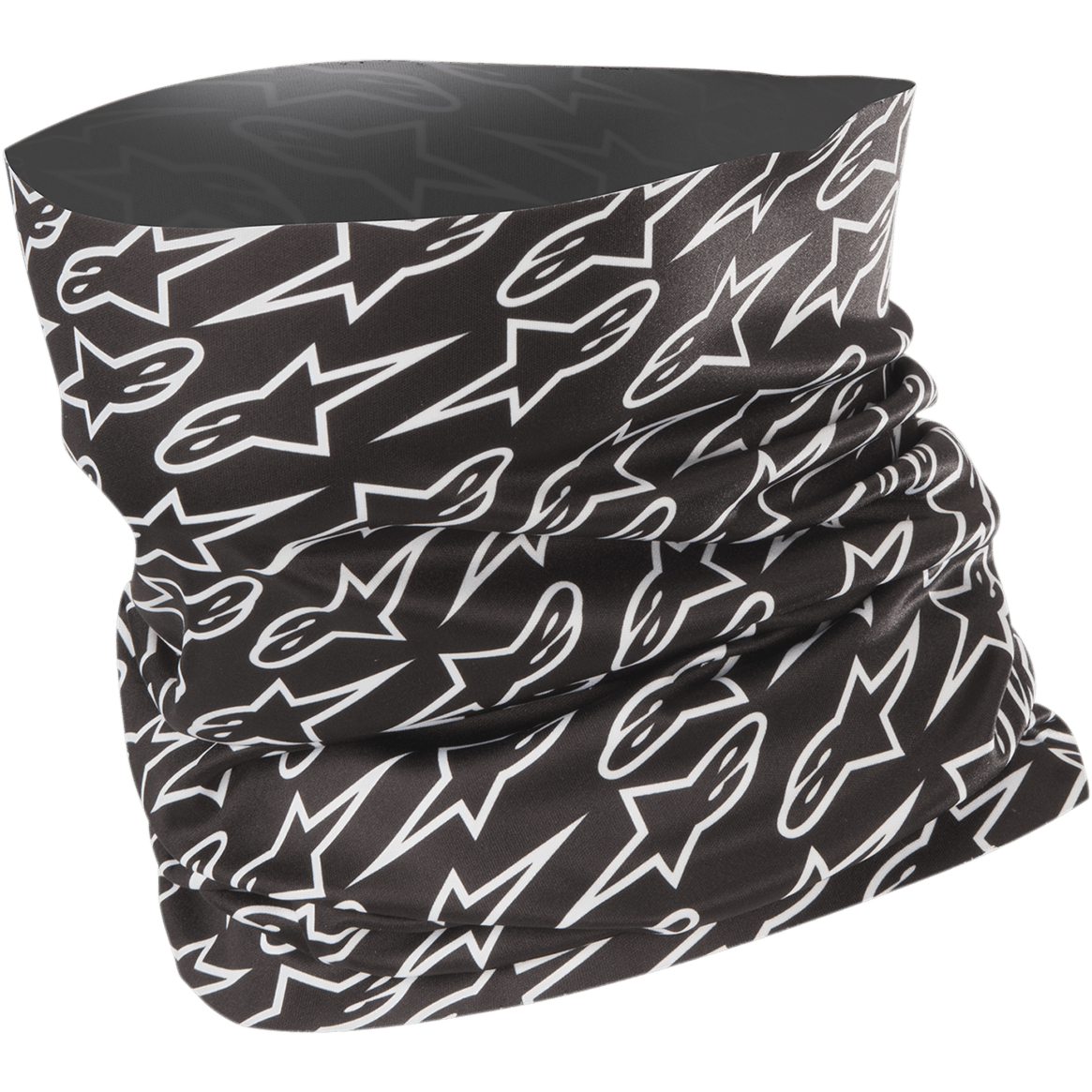 Alpinestars Neck Tube, motorcycle neck gaiter, black with all-over white repeating star logo pattern, lightweight stretchy fabric, designed for spring and summer wind protection