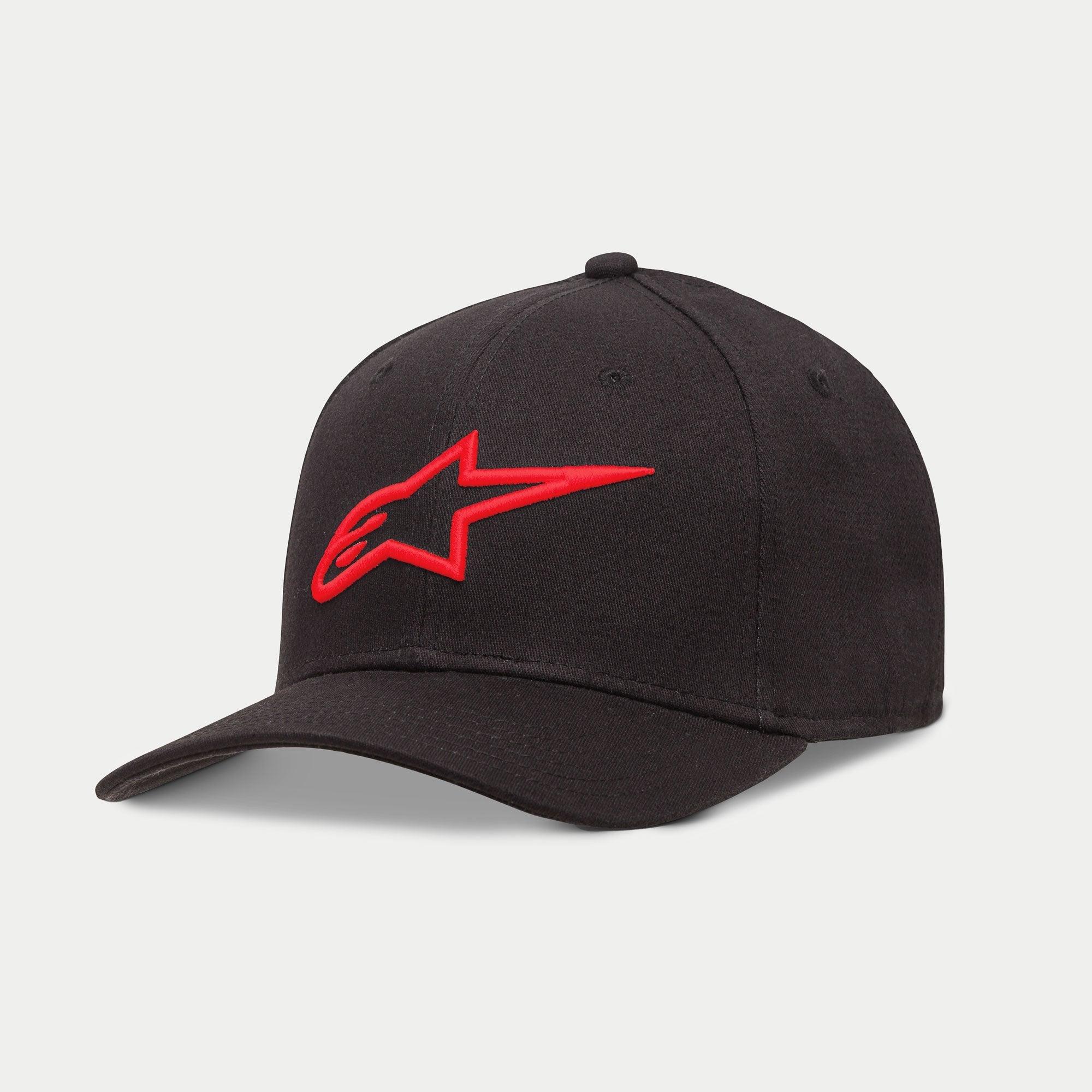 Alpinestars Ageless Curve Hat, sort og rød baseballkasket, med et fremhævet 3D-broderet rødt logo på forsiden, buet skygge i twill-stof, afslappet motorsport-inspireret hovedbeklædning