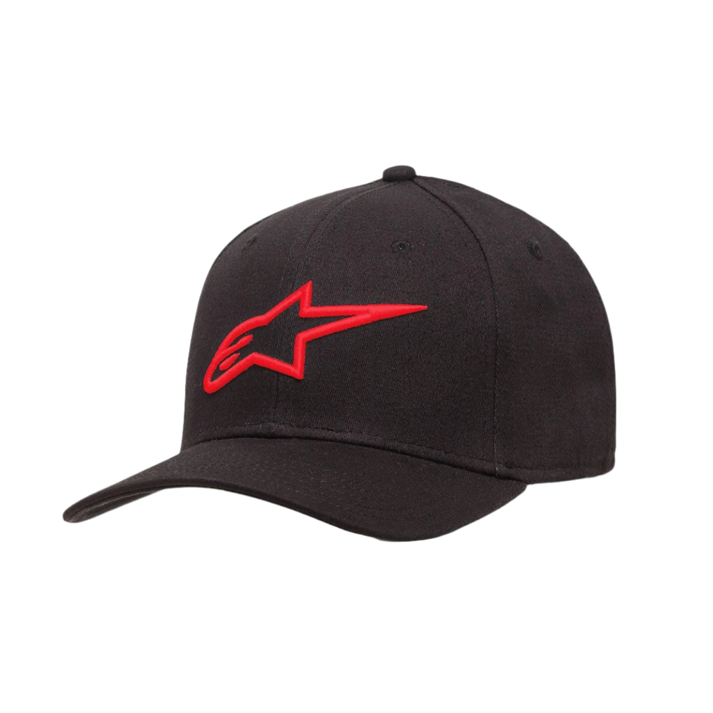 Alpinestars Ageless Curve kasket, sort baseball-kasket med rødt 3D-broderet logo, kurvet skygge, twill-stof, afslappet sportswear-hovedbeklædning
