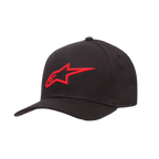 Alpinestars Ageless Curve kasket, sort baseball-kasket med rødt 3D-broderet logo, kurvet skygge, twill-stof, afslappet sportswear-hovedbeklædning