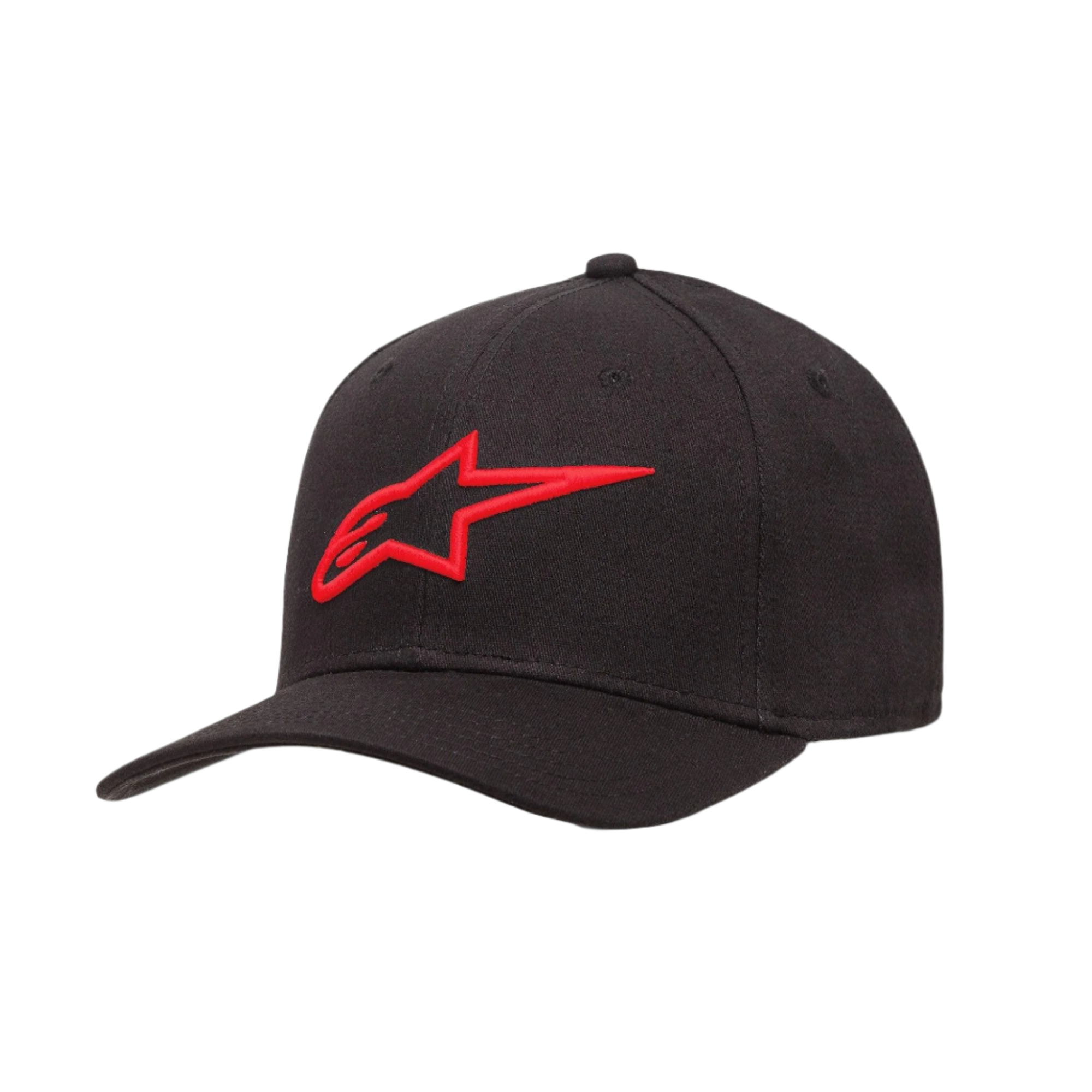 Alpinestars Ageless Curve kasket, sort baseball-kasket med rødt 3D-broderet logo, kurvet skygge, twill-stof, afslappet sportswear-hovedbeklædning