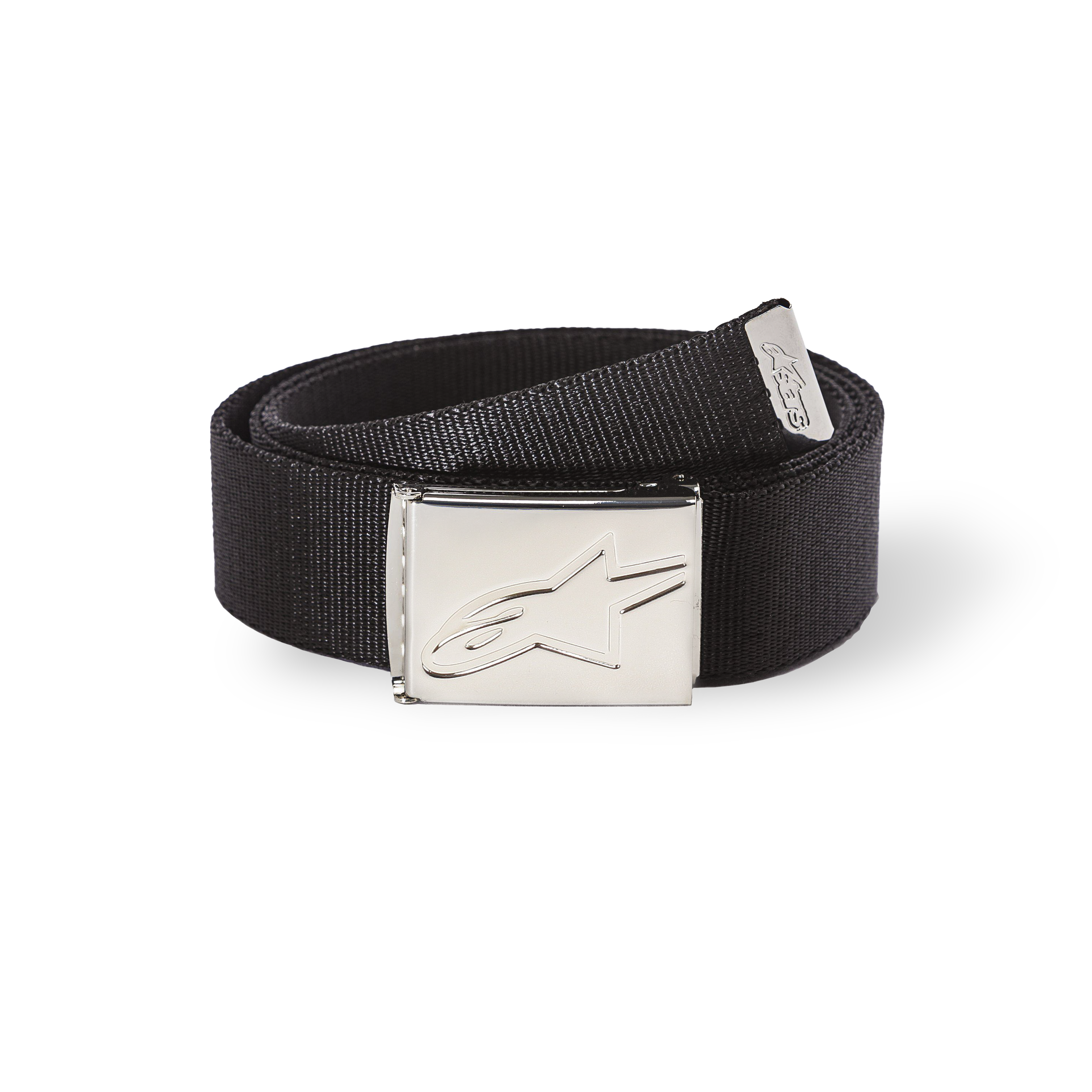 Alpinestars Ageless Web Belt, Black fabric belt with silver chrome metal buckle, debossed star logo, textured webbing, metal-tipped end with branding, casual sportswear accessory