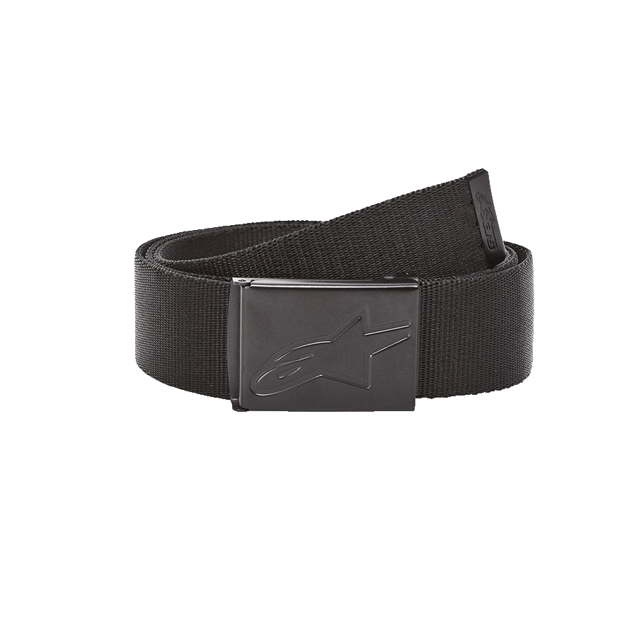 Alpinestars Ageless Web Belt, sort vævet webbælte, metalklemspænde med præget stjernelogo, metalspids med logo, holdbart casual sportswear-tilbehør