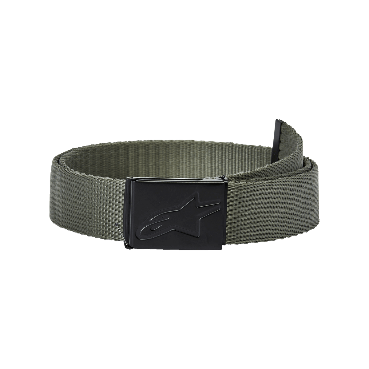Alpinestars Ageless Web Belt, militærgrøn og sort, vævet polypropylenrem, sort metalklemespænde med præget stjernelogo, casual sportstøjstilbehør