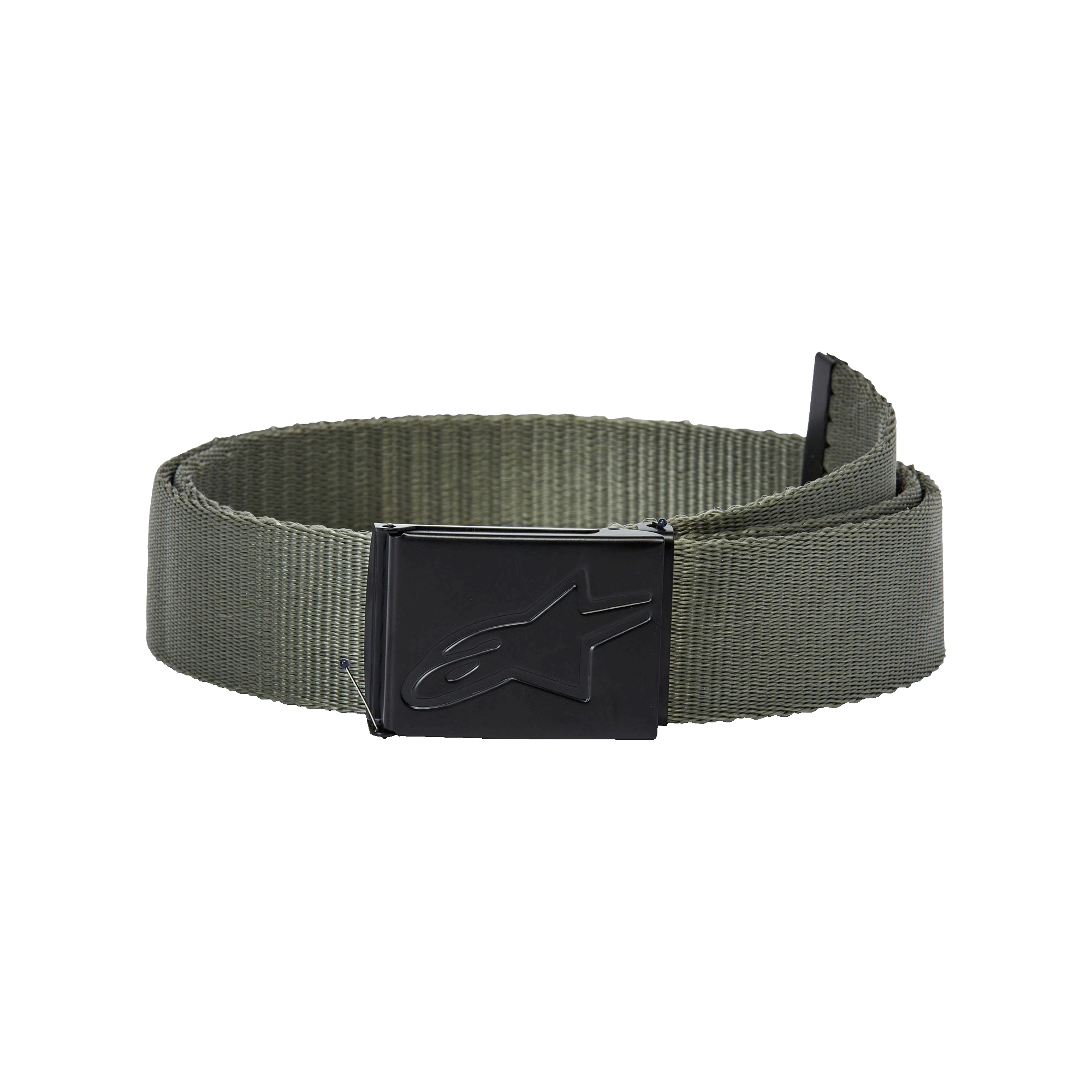 Alpinestars Ageless Web Belt, militærgrøn og sort, vævet polypropylenrem, sort metalklemespænde med præget stjernelogo, casual sportstøjstilbehør