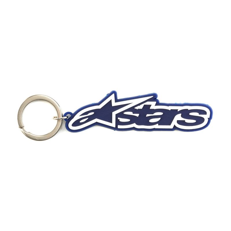 Alpinestars Blaze nøglering, 3D gummi nøglefob i blå og hvid med A-stars logo, metal snapring, holdbart motorsports-tilbehør