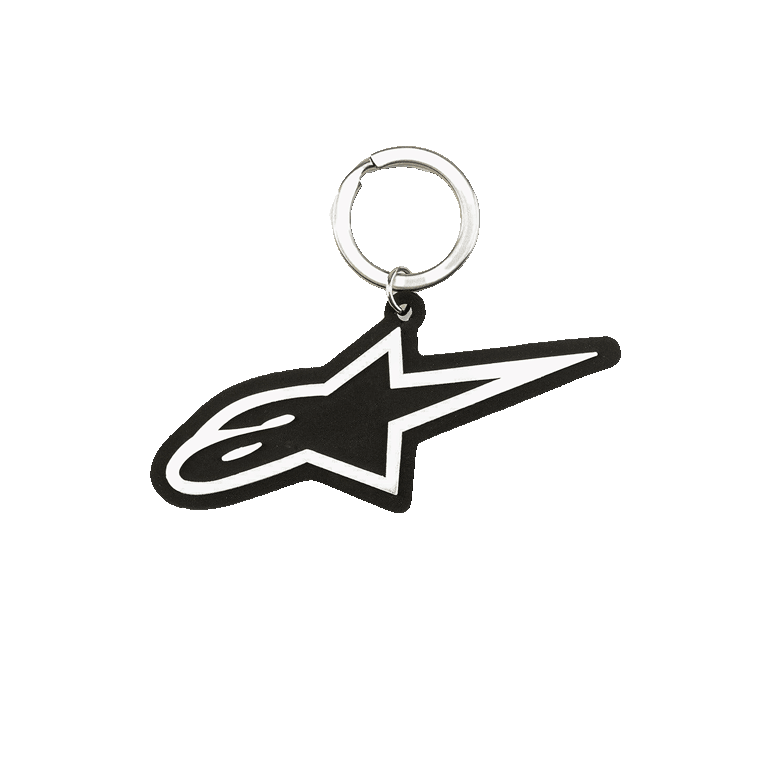 Alpinestars Ageless nøglering, 3D gummi nøglering, sort og hvidt Blaze logo-design, sølv metal snapring, motorsports-inspireret tilbehør