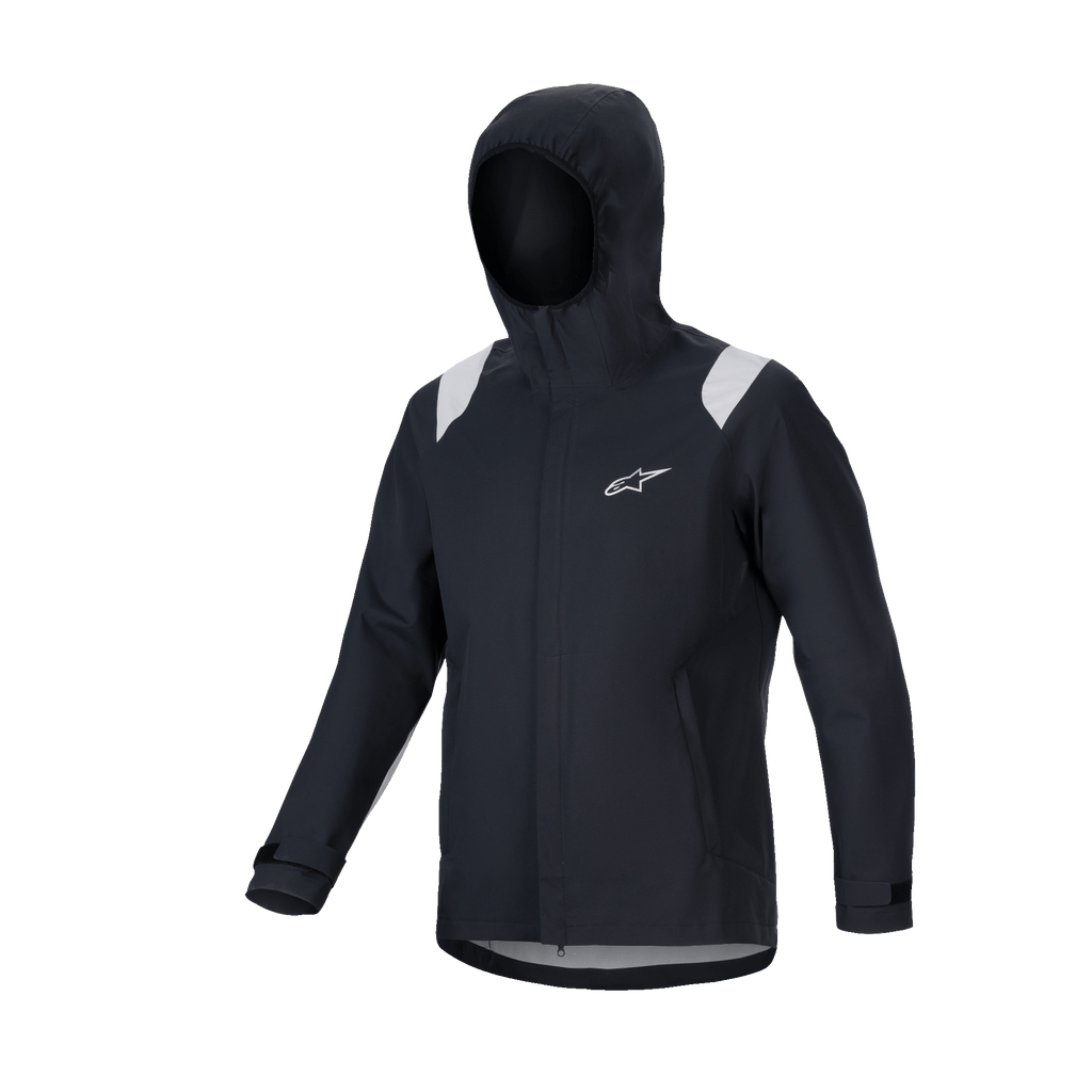 Alpinestars A-Dura regnjakke, MTB regnjakke, sort med grå skulderpaneler, hvidt Astars-logo på brystet, vandtæt design med hætte og 2,5-lags membran, funktionelt teknisk udstyr til off-road cykling