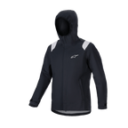 Alpinestars A-Dura regnjakke, MTB regnjakke, sort med grå skulderpaneler, hvidt Astars-logo på brystet, vandtæt design med hætte og 2,5-lags membran, funktionelt teknisk udstyr til off-road cykling