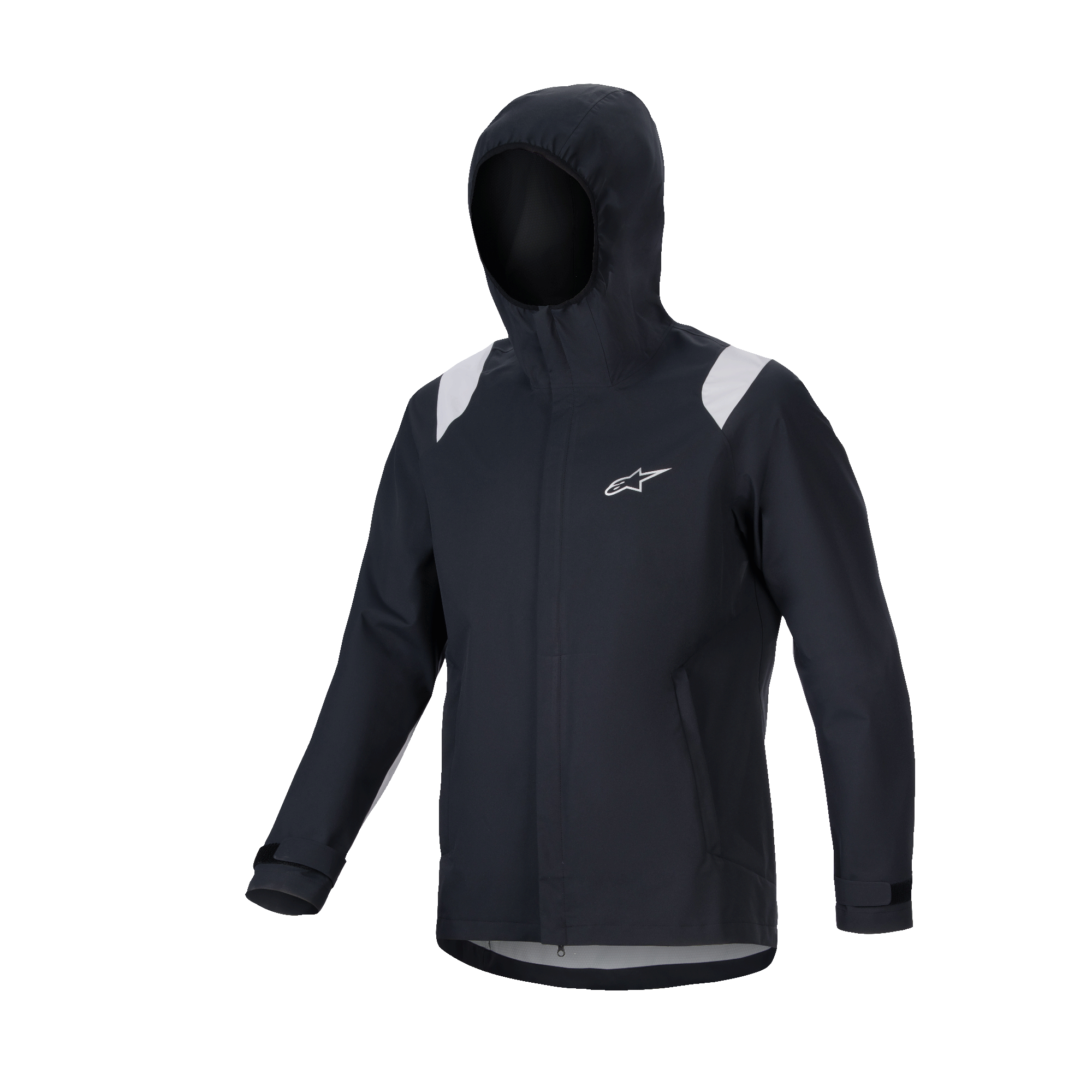 Alpinestars A-Dura regnjakke, MTB regnjakke, sort med grå skulderpaneler, hvidt Astars-logo på brystet, vandtæt design med hætte og 2,5-lags membran, funktionelt teknisk udstyr til off-road cykling