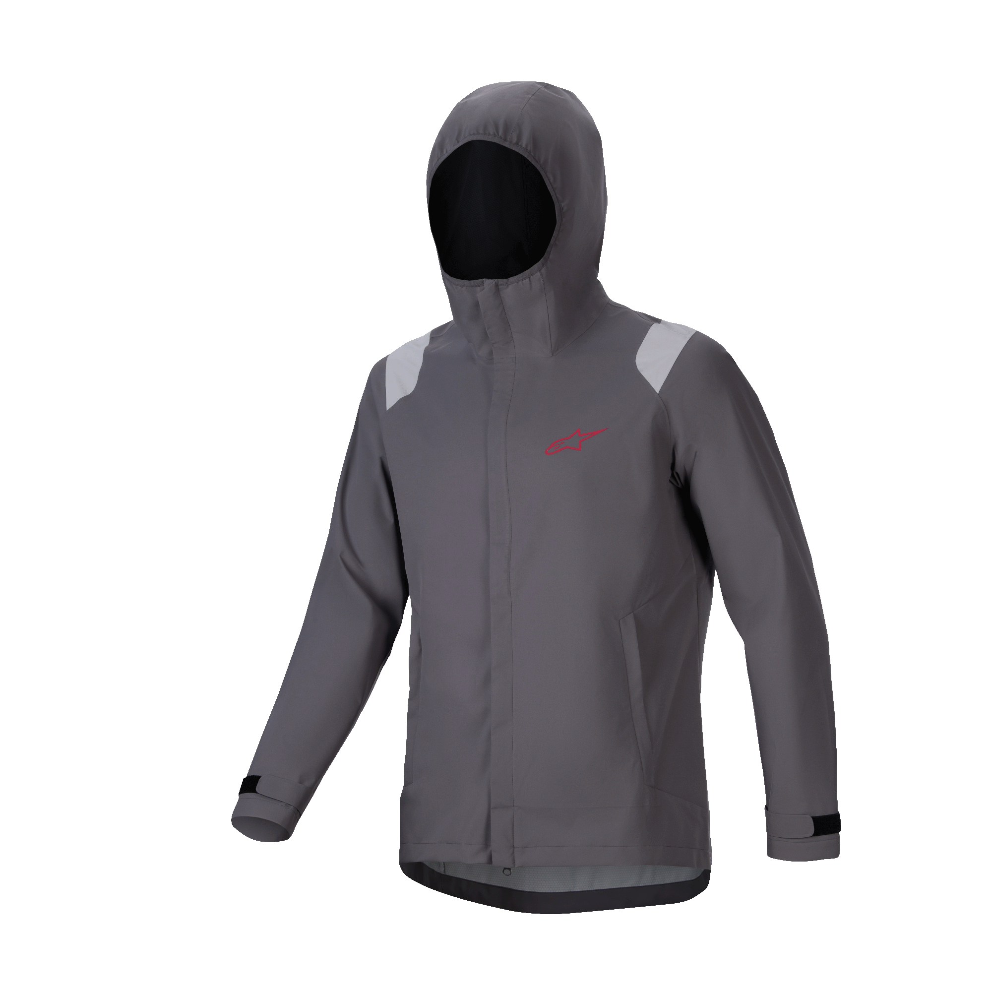 Alpinestars A-Dura Rain Jacket, Mountain Bike Rain Shell, Dark Titanium Gray, hooded design with red star logo, light gray shoulder details, adjustable velcro cuffs, technical waterproof performance gear for MTB.