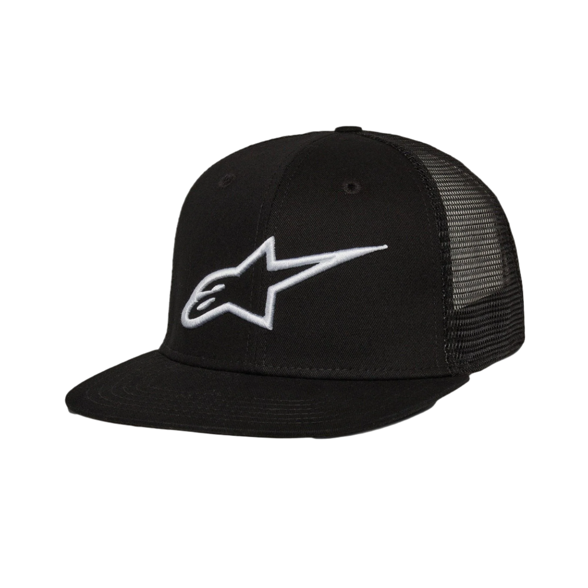 Alpinestars Corp Trucker Hat, flat bill trucker cap, Black, white 3D embroidered Alpinestars logo on front, mesh back panels, structured crown, casual motorsport streetwear