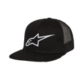 Alpinestars Corp Trucker Hat, trucker-cap med flad skygge, sort, hvidt 3D-broderet Alpinestars-logo på fronten, mesh-paneler bagpå, struktureret krone, afslappet motorsport-streetwear
