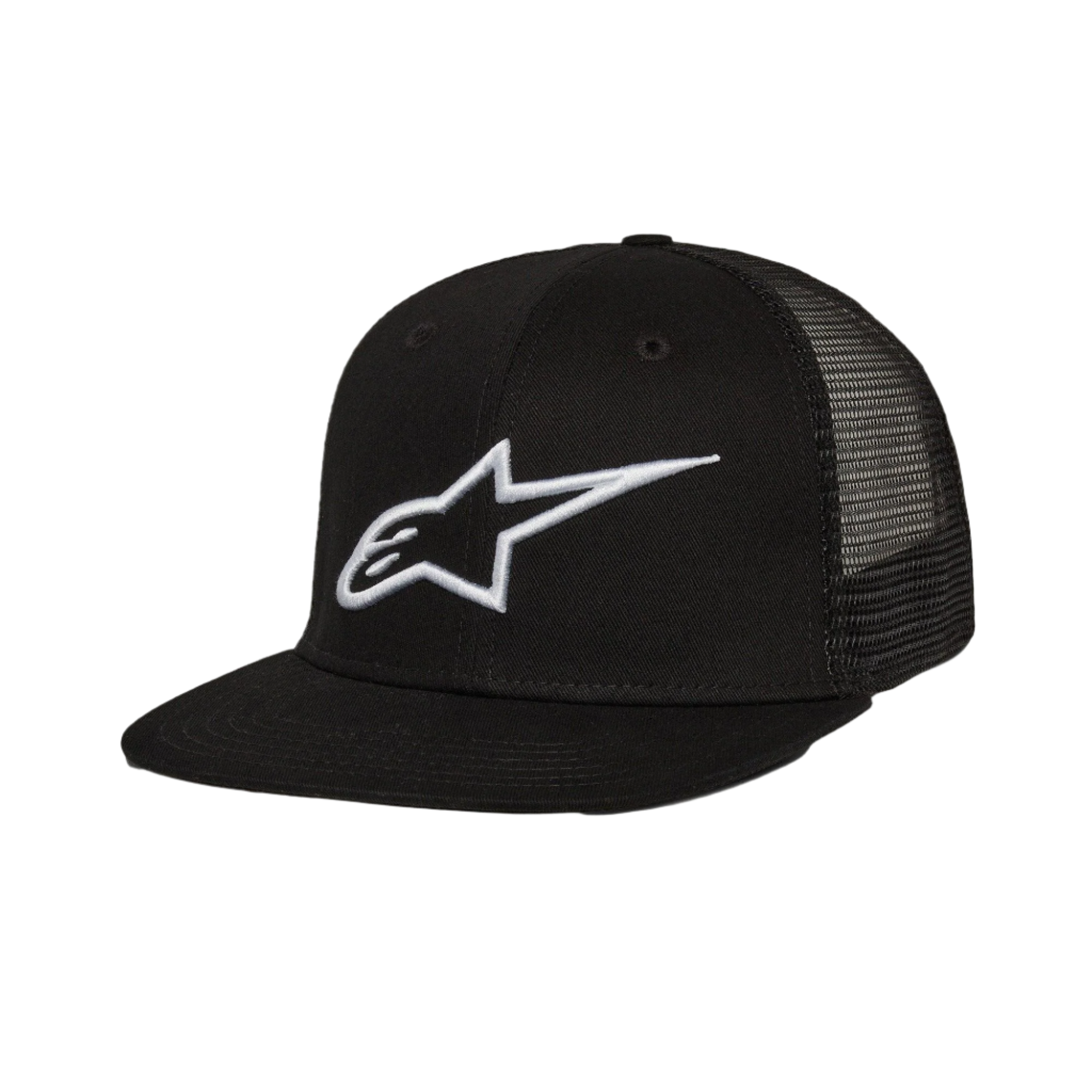 Alpinestars Corp Trucker Hat, trucker-cap med flad skygge, sort, hvidt 3D-broderet Alpinestars-logo på fronten, mesh-paneler bagpå, struktureret krone, afslappet motorsport-streetwear