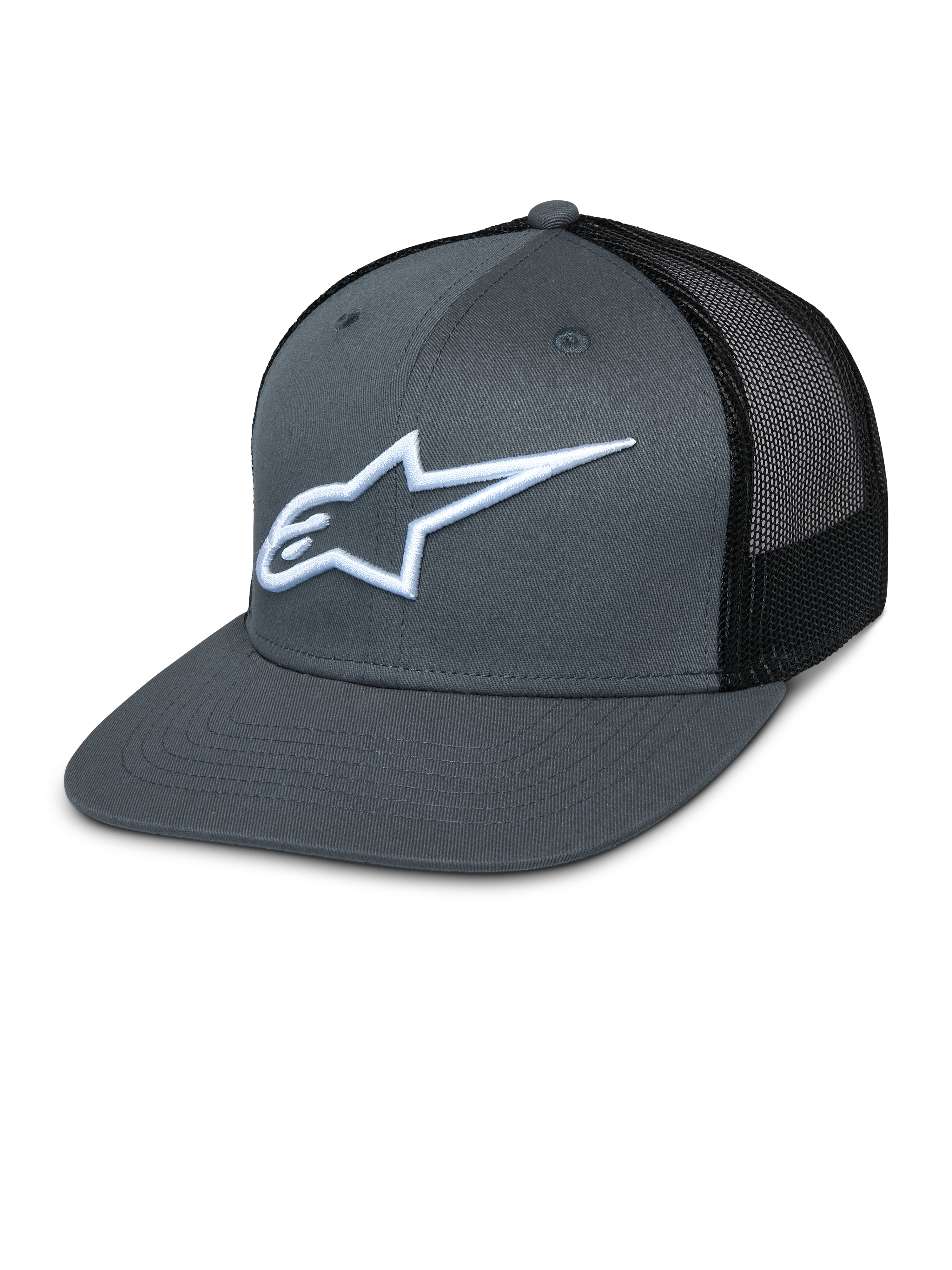 Alpinestars Corp Trucker Cap, Gray Front and Black Mesh Back, White Embroidered Star Logo, Flat Bill, Structured Crown, Breathable Mesh Back Panel