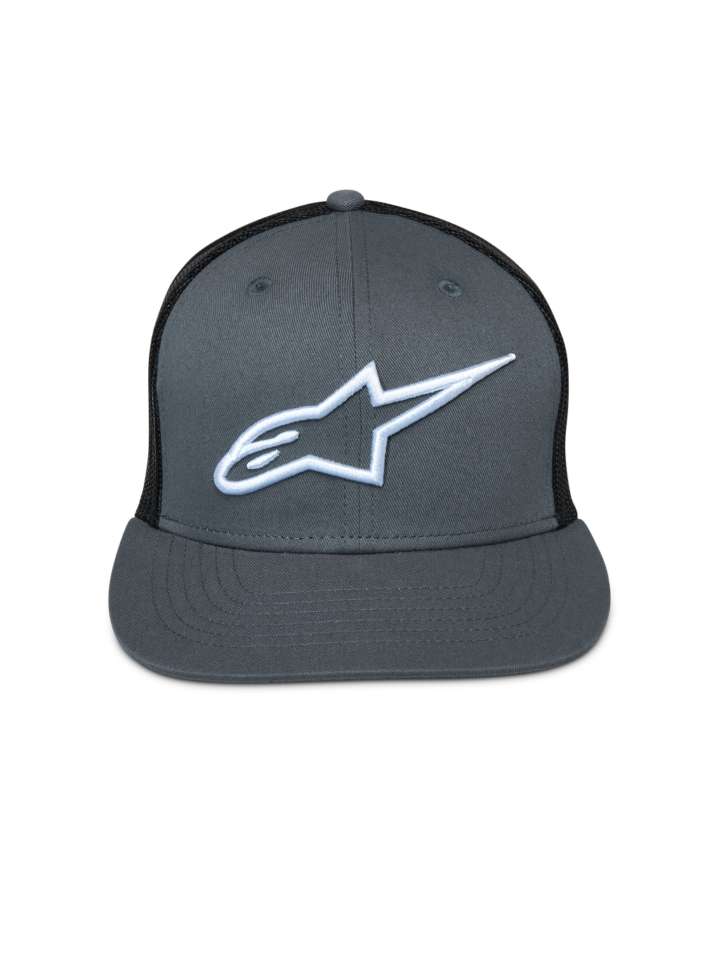 Alpinestars Corp Trucker Hat, gray front with black mesh back, flat bill, white embroidered Astar logo, casual motorsport headwear