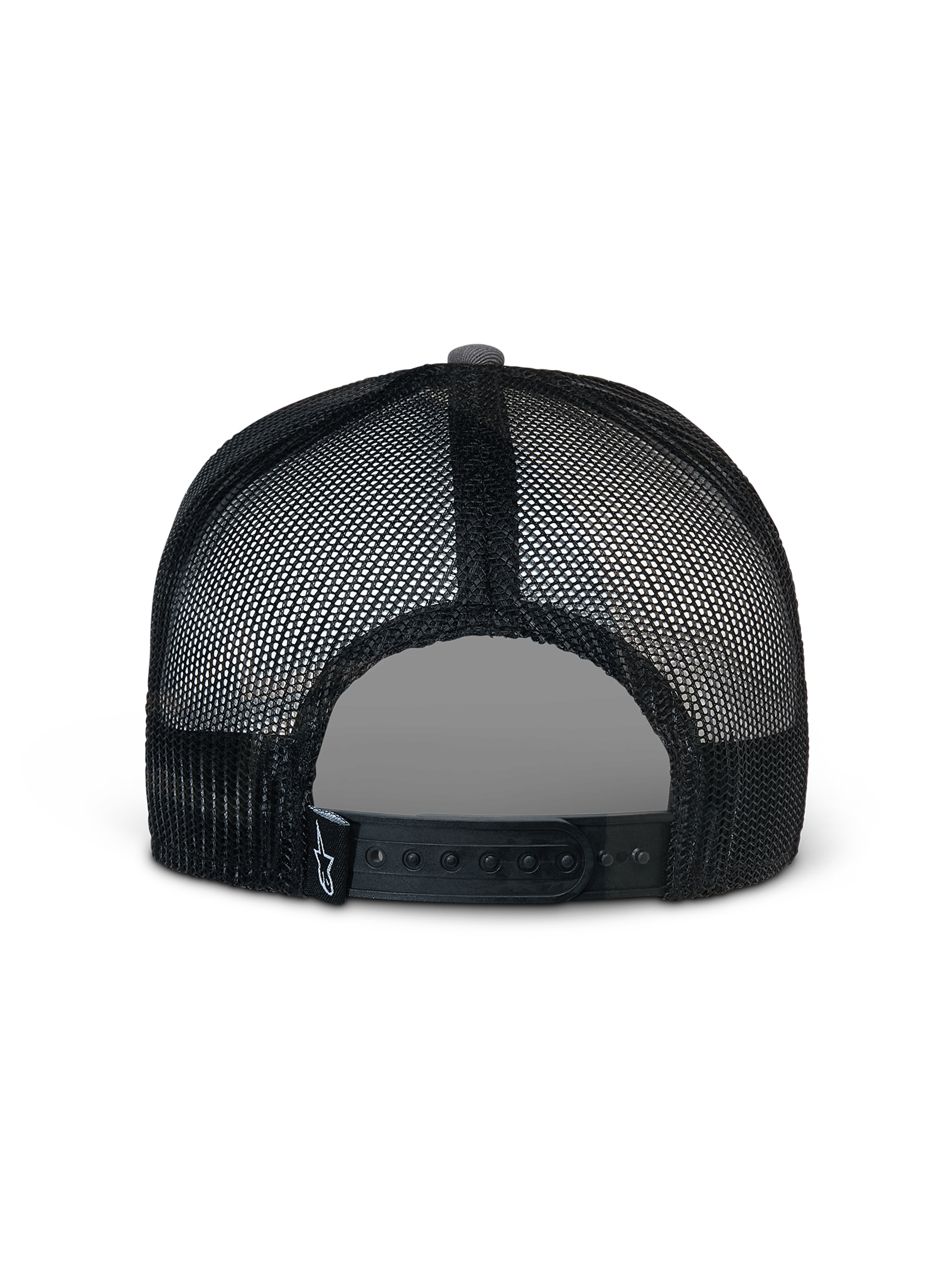Alpinestars Corp Trucker Hat, Gray and Black, back view featuring black mesh panels and an adjustable snapback closure, small white star logo on a black rear tag, casual sportswear headwear