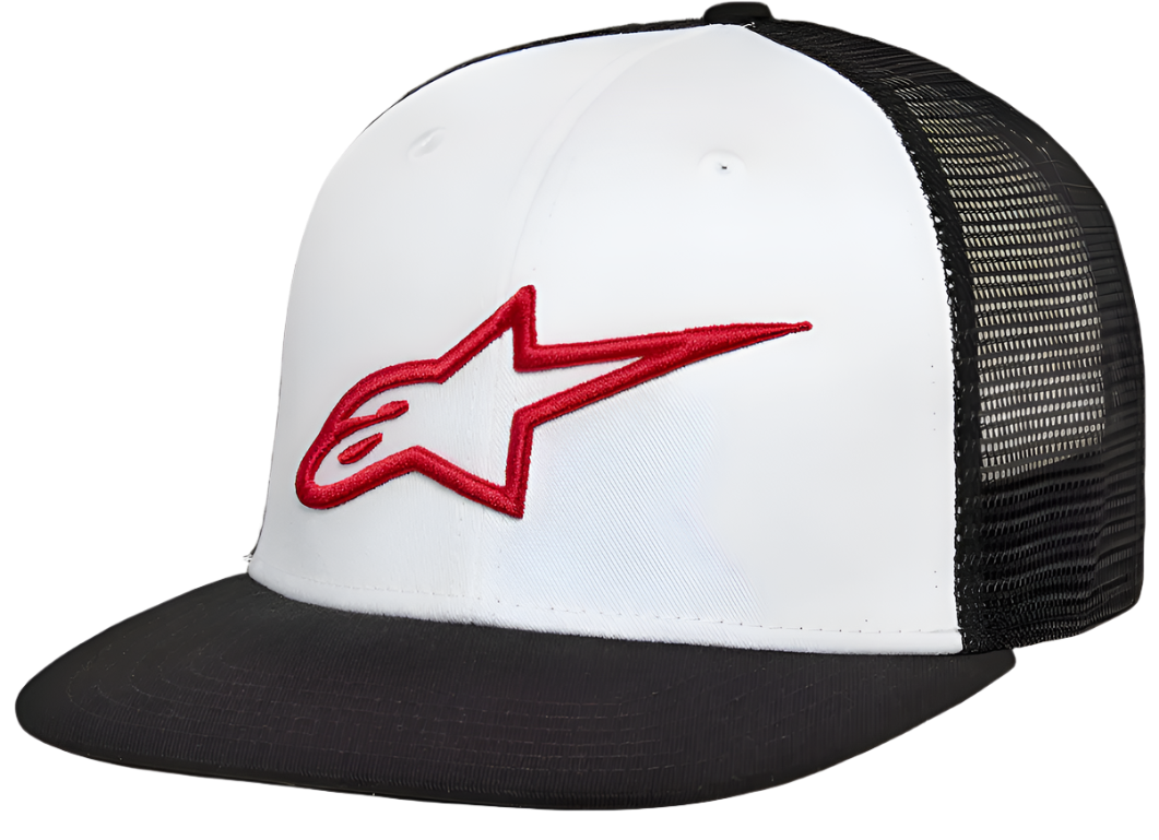 Alpinestars Corp Trucker kasket, hvidt frontpanel med sort flad skygge og sort mesh-bagside, med et 3D-broderet rødt Alpinestars-stjernelogo, afslappet motorsport-streetwear