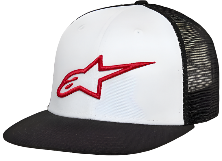 Alpinestars Corp Trucker kasket, hvidt frontpanel med sort flad skygge og sort mesh-bagside, med et 3D-broderet rødt Alpinestars-stjernelogo, afslappet motorsport-streetwear