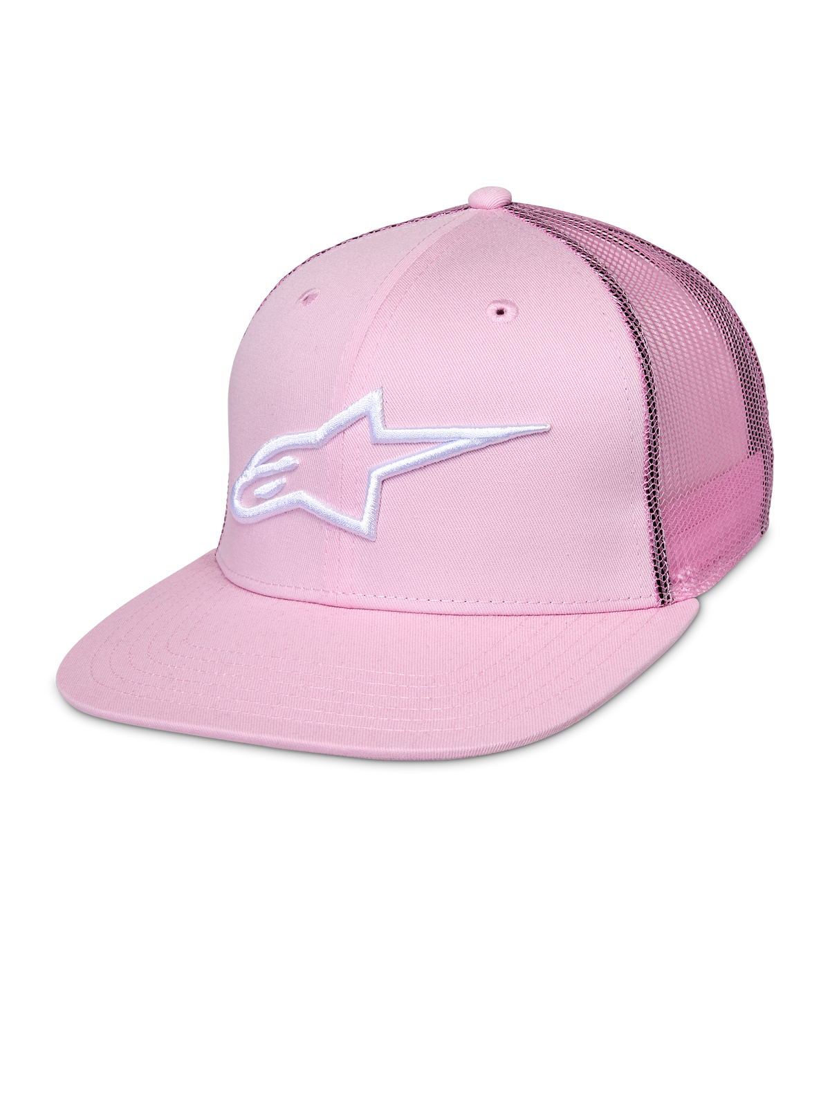 Alpinestars Corp Trucker cap, pink snapback-kasket med hvidt stjerne-logo, mesh-paneler bagpå, struktureret design med seks paneler og ventilationshuller