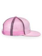 Alpinestars Corp Trucker Hat, Pink, side profile view, structured crown with flat bill, twill front and mesh back, adjustable snapback closure, casual sportswear headwear