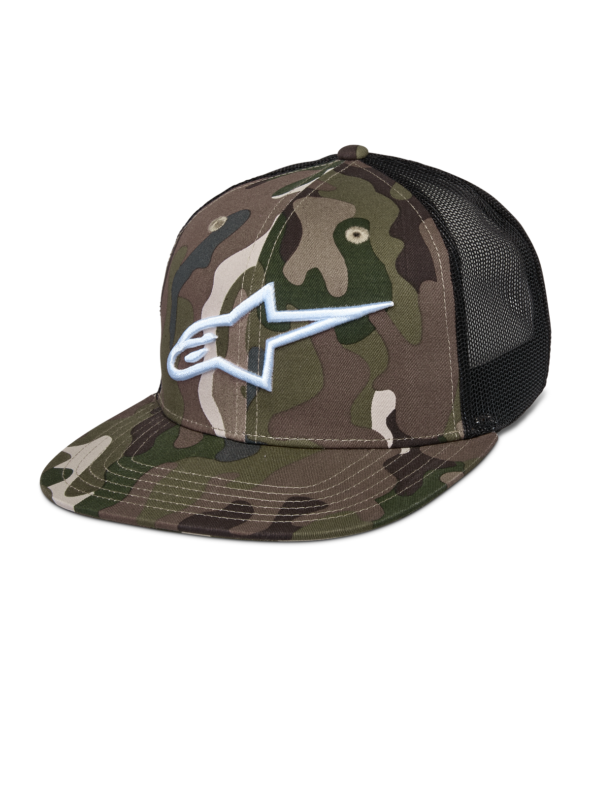 Alpinestars Corp Trucker kasket, grøn camouflage og sort, camouflagemønster med hvidt broderet A-star logo, sorte mesh-paneler bagpå, flad skygge, afslappet lifestyle-hovedbeklædning