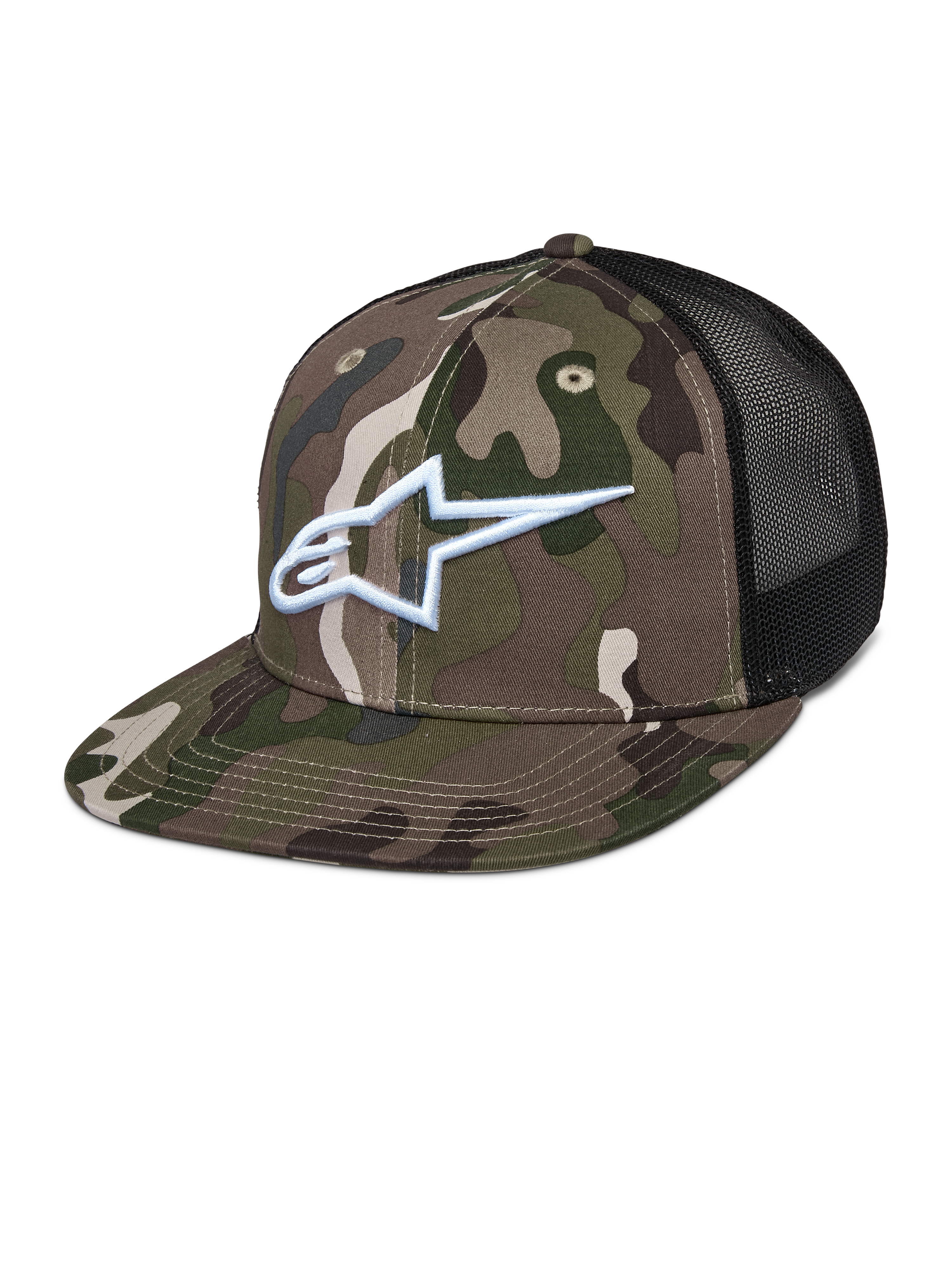 Alpinestars Corp Trucker kasket, grøn camouflage og sort, camouflagemønster med hvidt broderet A-star logo, sorte mesh-paneler bagpå, flad skygge, afslappet lifestyle-hovedbeklædning