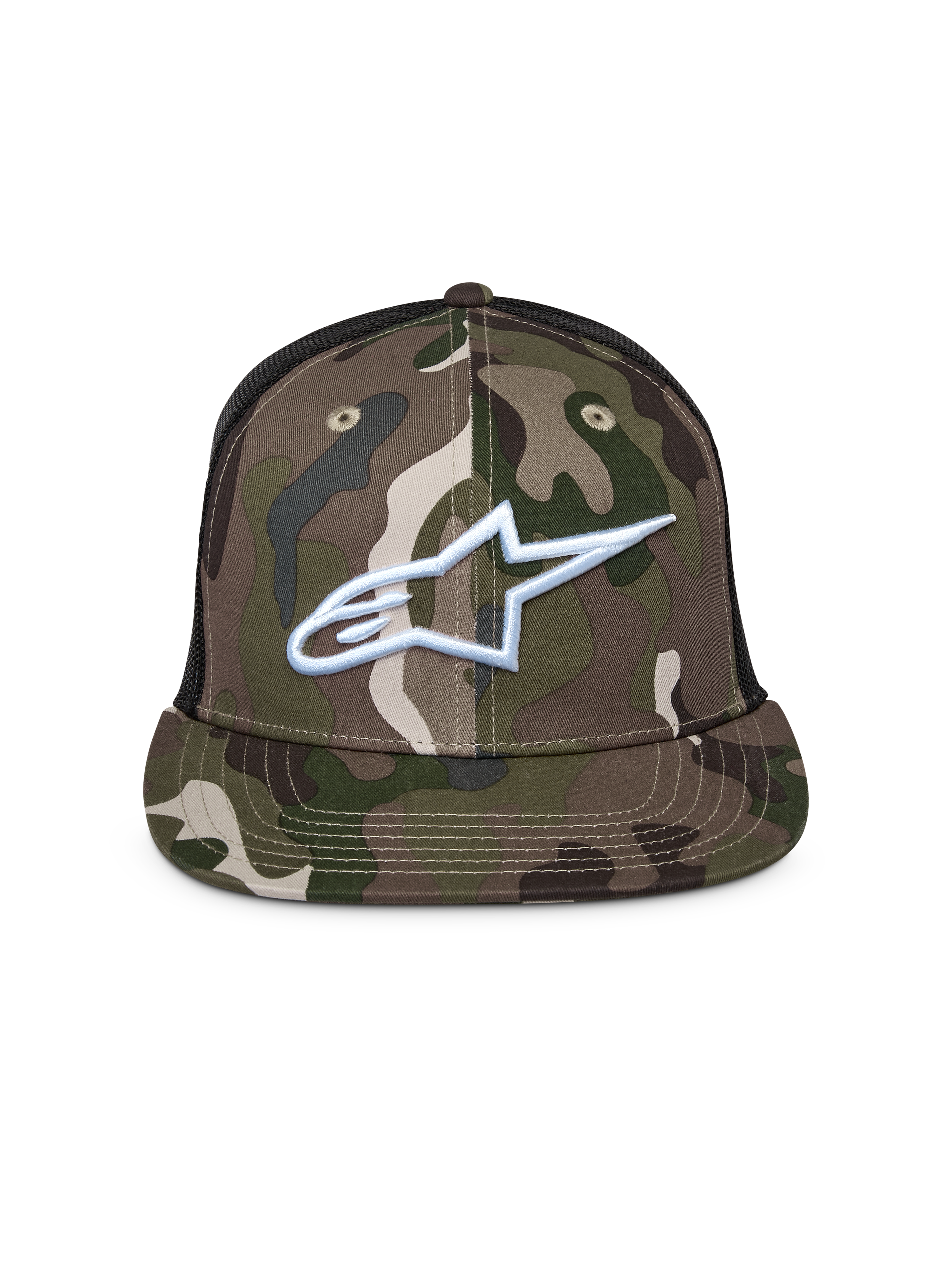 Alpinestars Corp Trucker kasket, grøn camouflage og sort, trucker-kasket med flad skygge og mesh-bagside, hvidt broderet Alpinestars-logo på forsiden, afslappet motorsport-streetwear