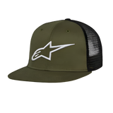Alpinestars Corp Trucker Hat, flat bill trucker hat, military green and black, white 3D embroidered Alpinestars logo on front, twill front and mesh back, casual motorsport headwear