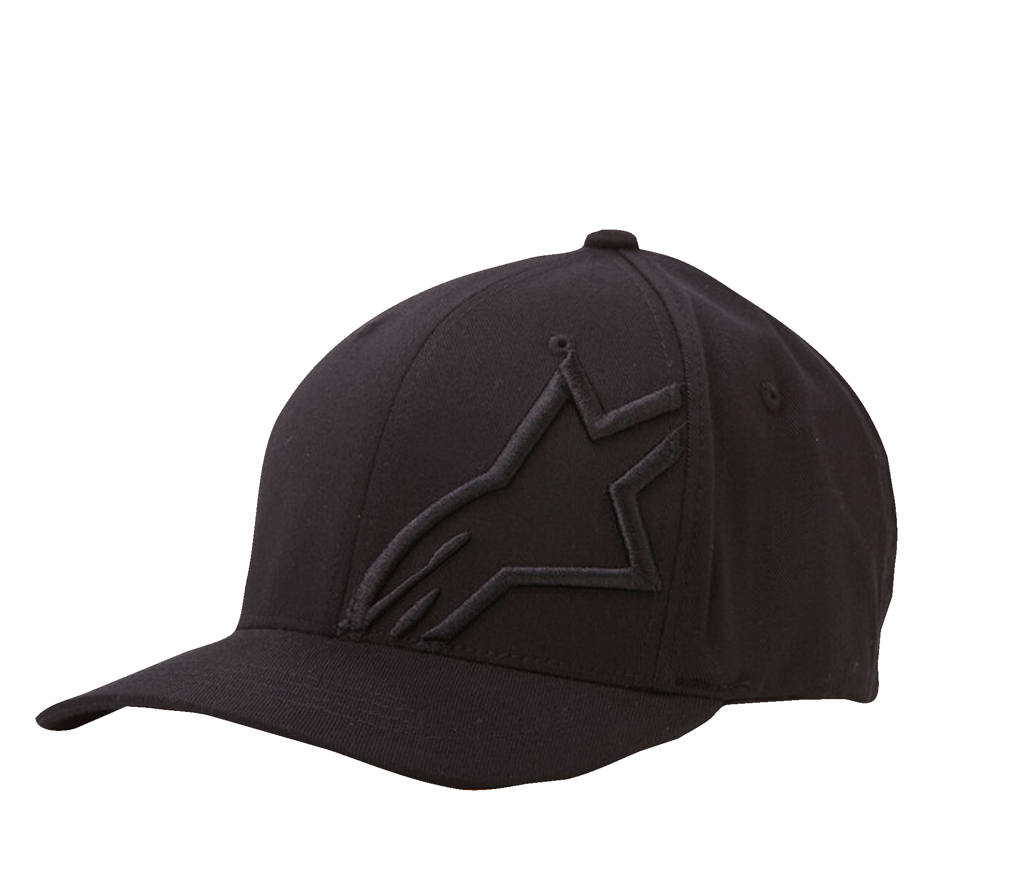 Alpinestars Corp Shift 2 Curved Bill Hat, sort baseballkasket, tonalt fladt broderi på venstre frontpanel, buet skygge, seks-panels konstruktion med ventilationshuller, motorsport-inspireret afslappet stil