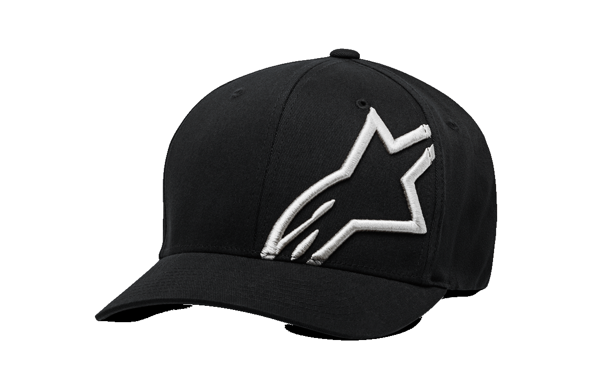 Alpinestars Corp Shift 2 kasket med buet skygge, sort baseballkasket, stort hvidt broderet logo forrest til venstre, buet skygge, Flexfit sportswear hovedbeklædning