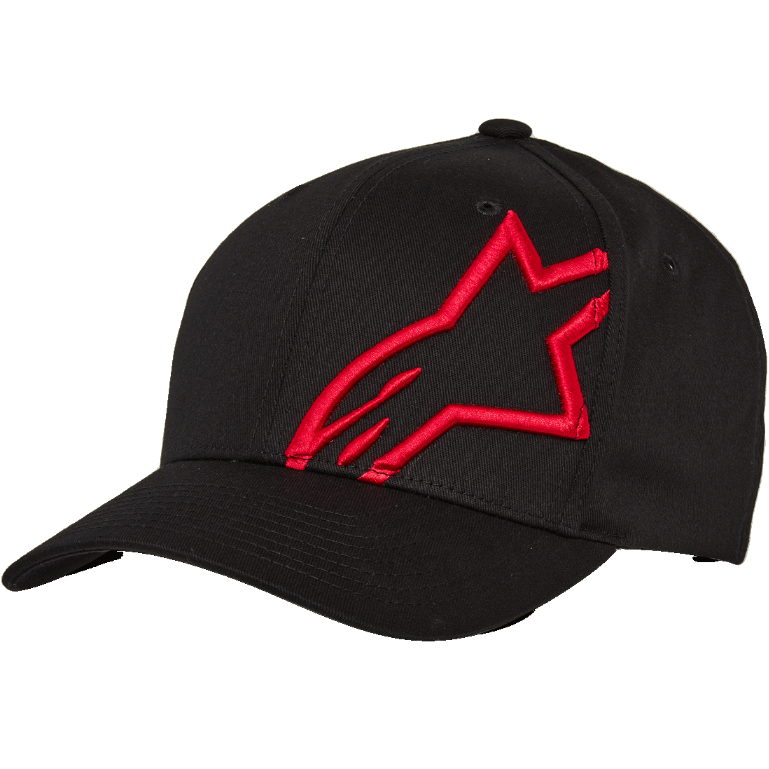Alpinestars Corp Shift 2 baseballcap med buet skygge, sort med et stort rødt fladbroderet stjerne-logo på det forreste venstre panel, Flexfit buet skygge, seks-panel konstruktion, afslappet motorsport-inspireret hovedbeklædning