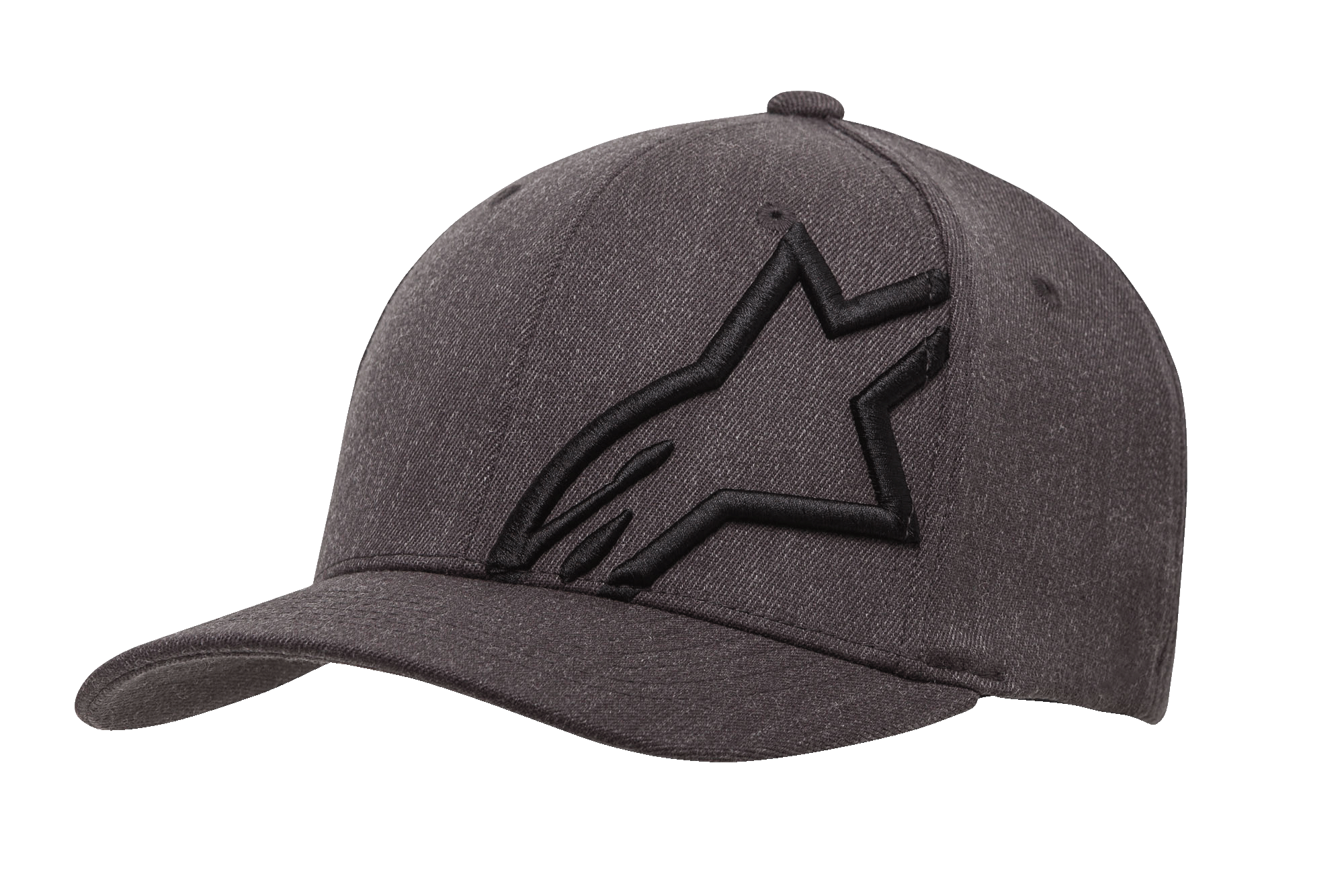 Alpinestars Corp Shift 2 kasket med buet skygge, mørkegrå meleret og sort baseball kasket, med et stort sort broderet stjernelogo på det venstre frontpanel, design med buet skygge, struktureret stof med ventilationshuller, afslappet motorsport-inspireret hovedbeklædning.